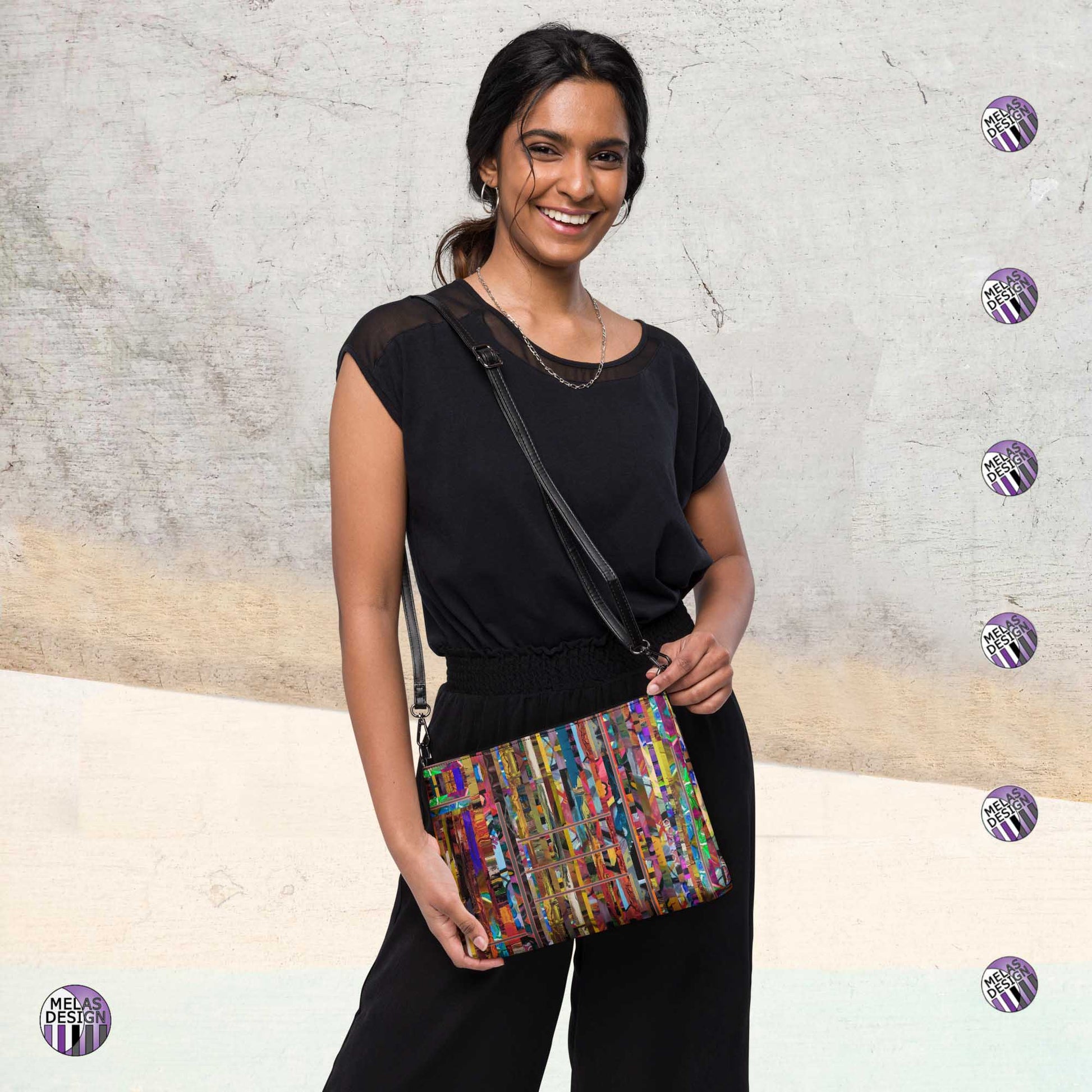 Stripped Striped Abstract Cross-Body Bag; Product mockup worn over should on front of female model; Melasdesign logos