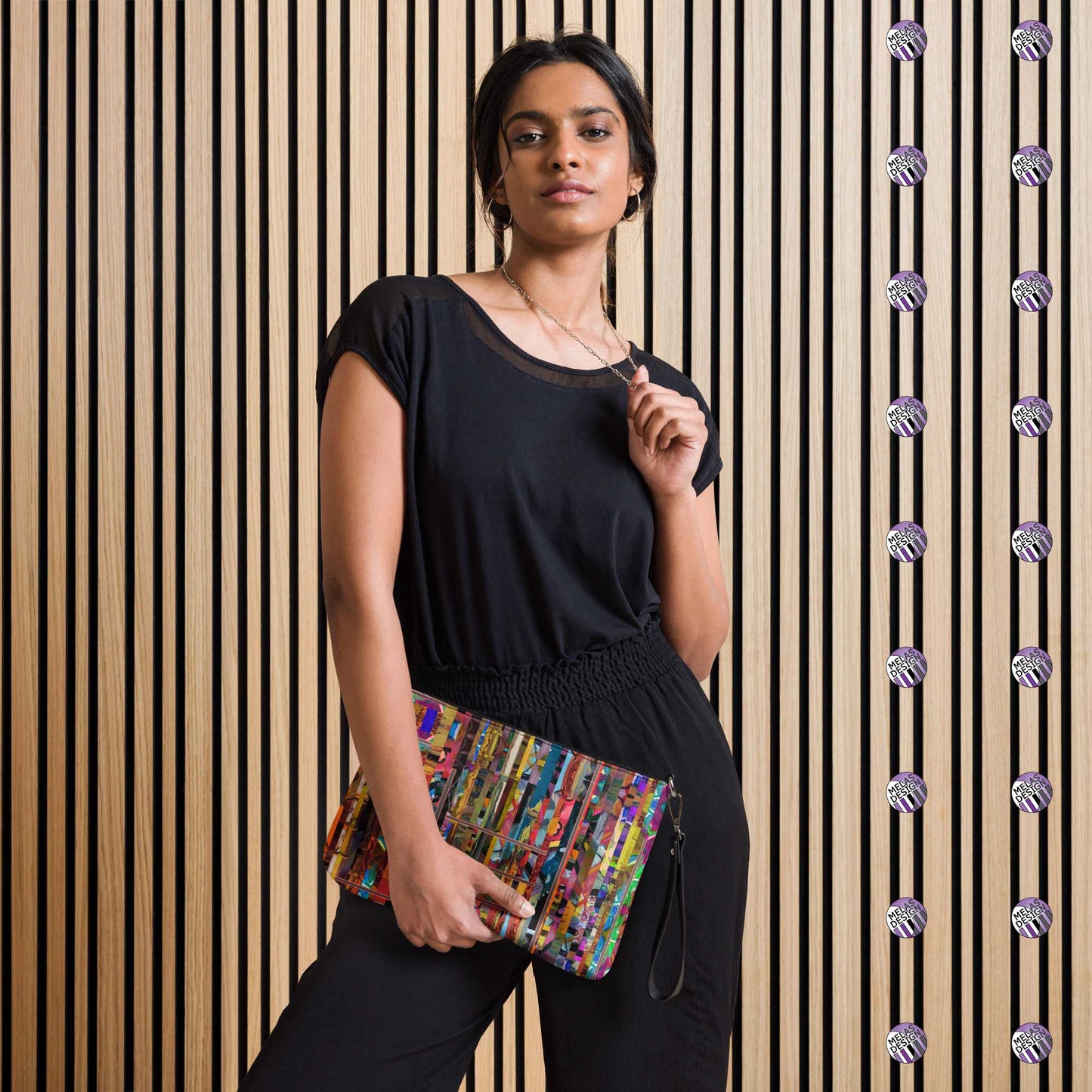 Stripped Striped Abstract Cross-Body Bag; product mockup held by female model; Melasdesign logos