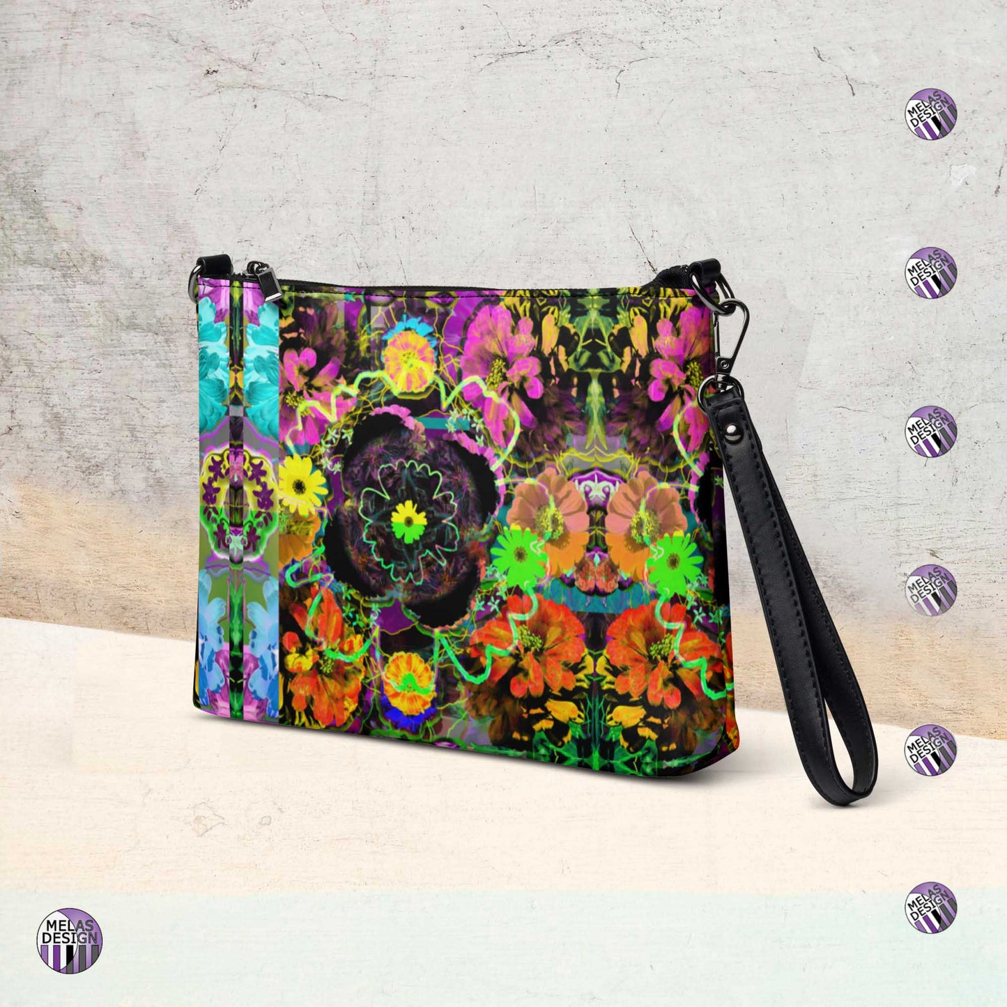 Flower Power; Trippy Zinnia Crossbody Bag; Product mockup left; Melasdesign logos