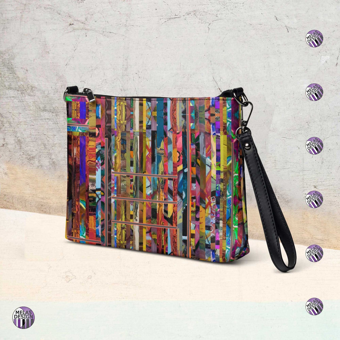 Stripped Striped Abstract Cross-Body Bag; Product mockup right front; Melasdesign logos