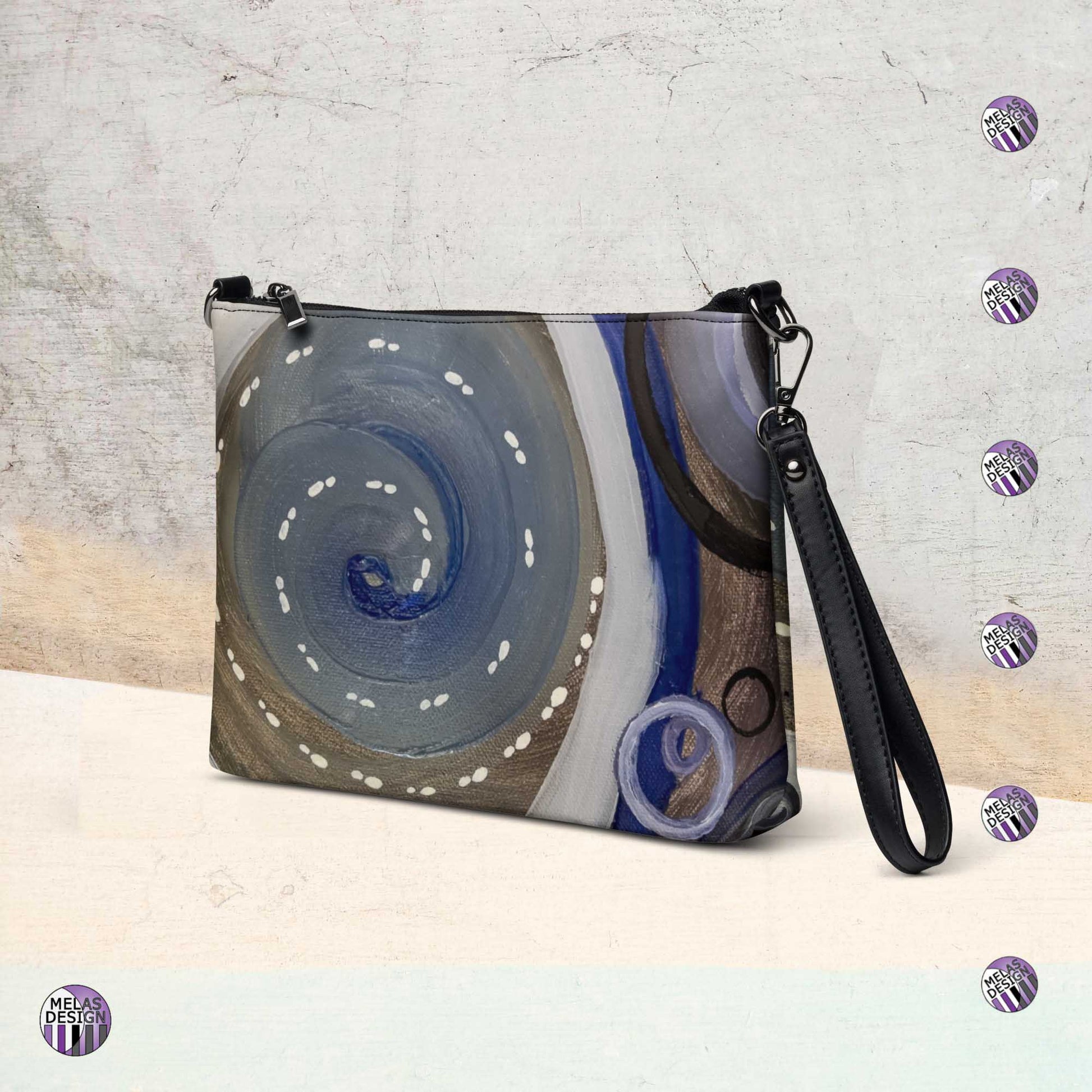 Empowering Spectrum Cross-Body Bag Toast; Product mockup front right; Melasdesign logos