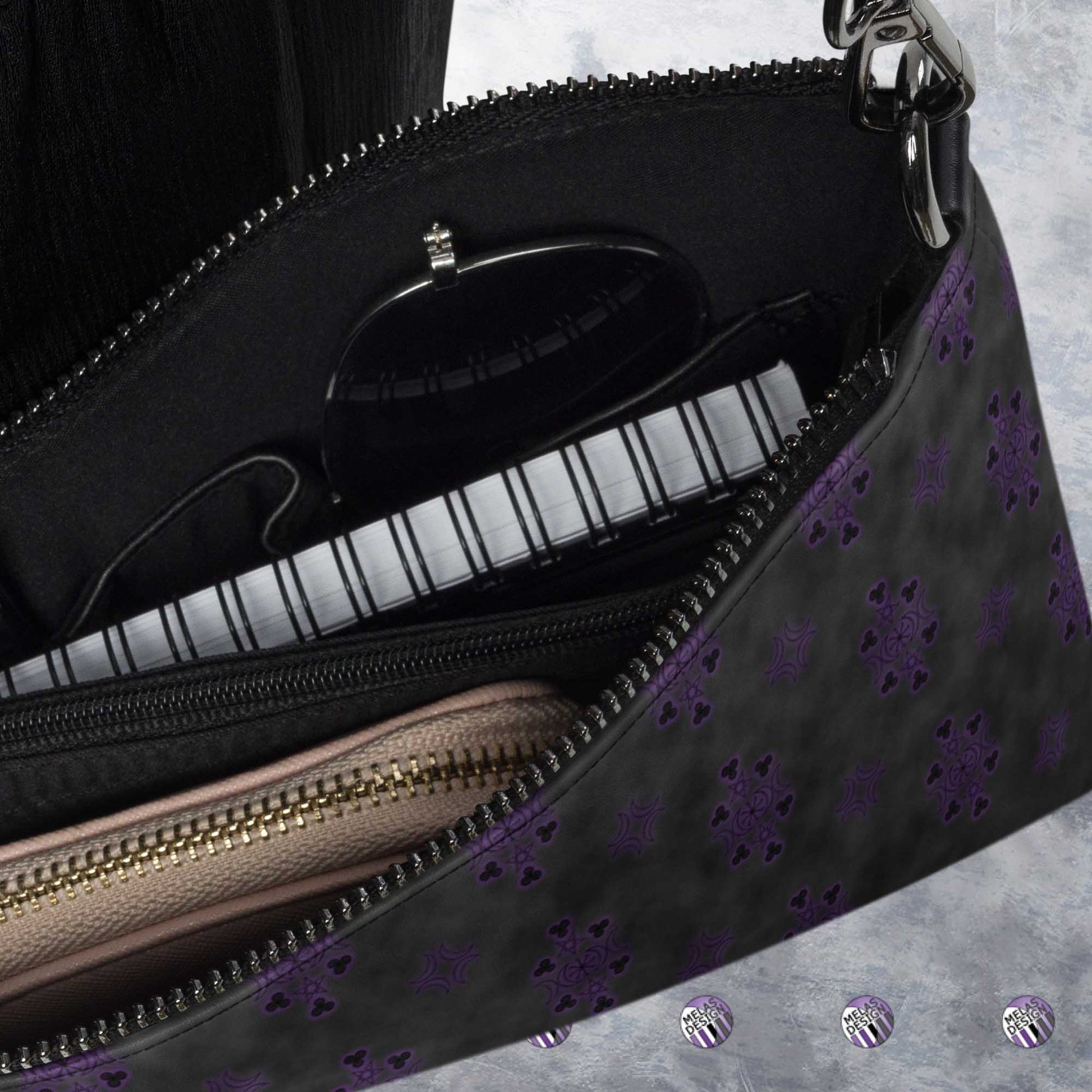 Benevolent Witchy Symbols Cross Body Bag Ombre; Product mockup of interior compartments