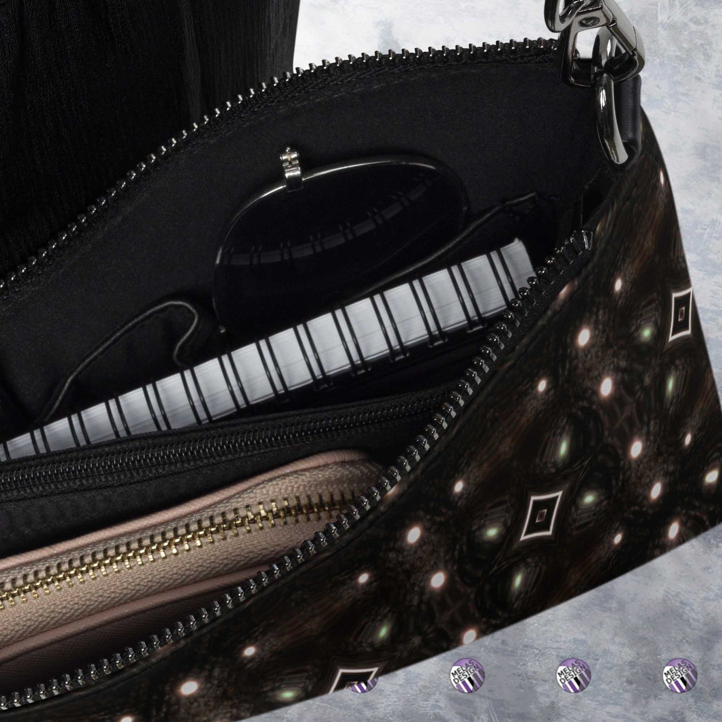 Moon Diamonds Cross Body-Bag Witchy Fashion; product mockup interior detail; Melasdesign logos