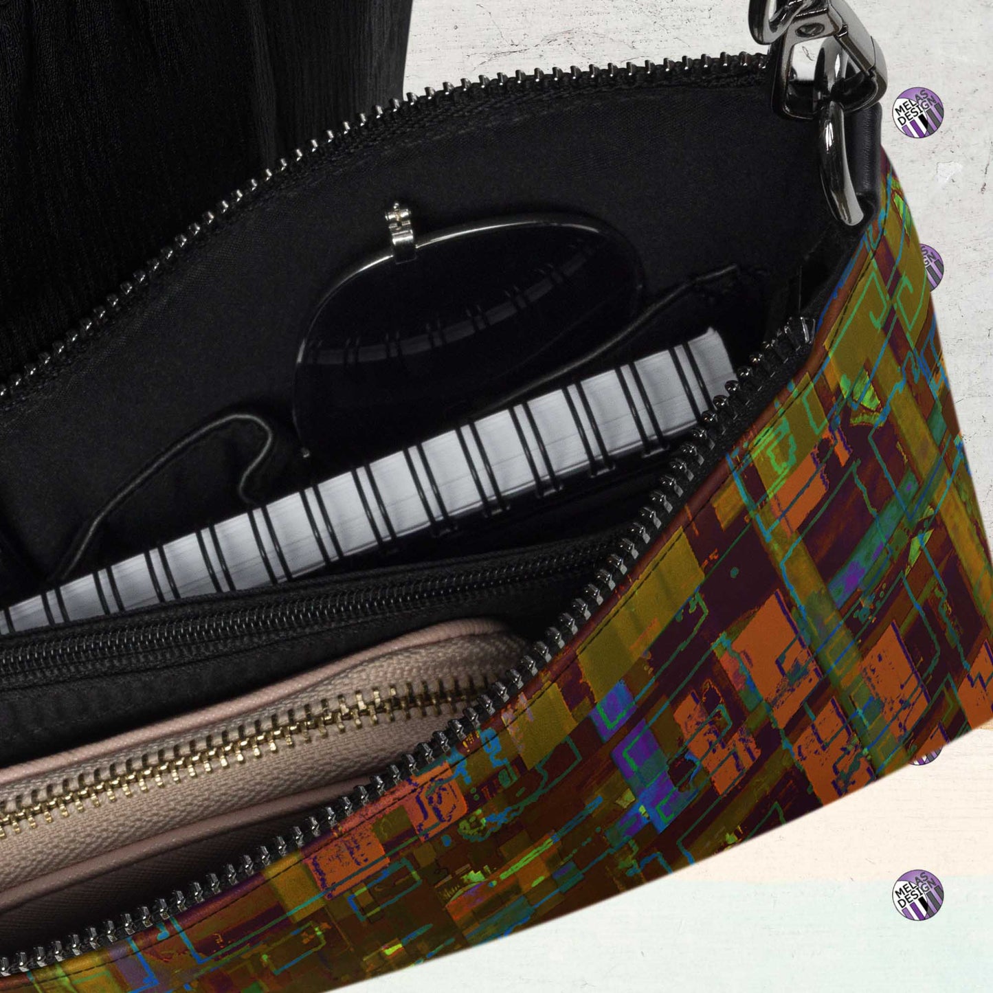 City Windows Cross-Body Bag Digital Abstract; product mock-up interior view filled with suggested items; Melasdesign logos