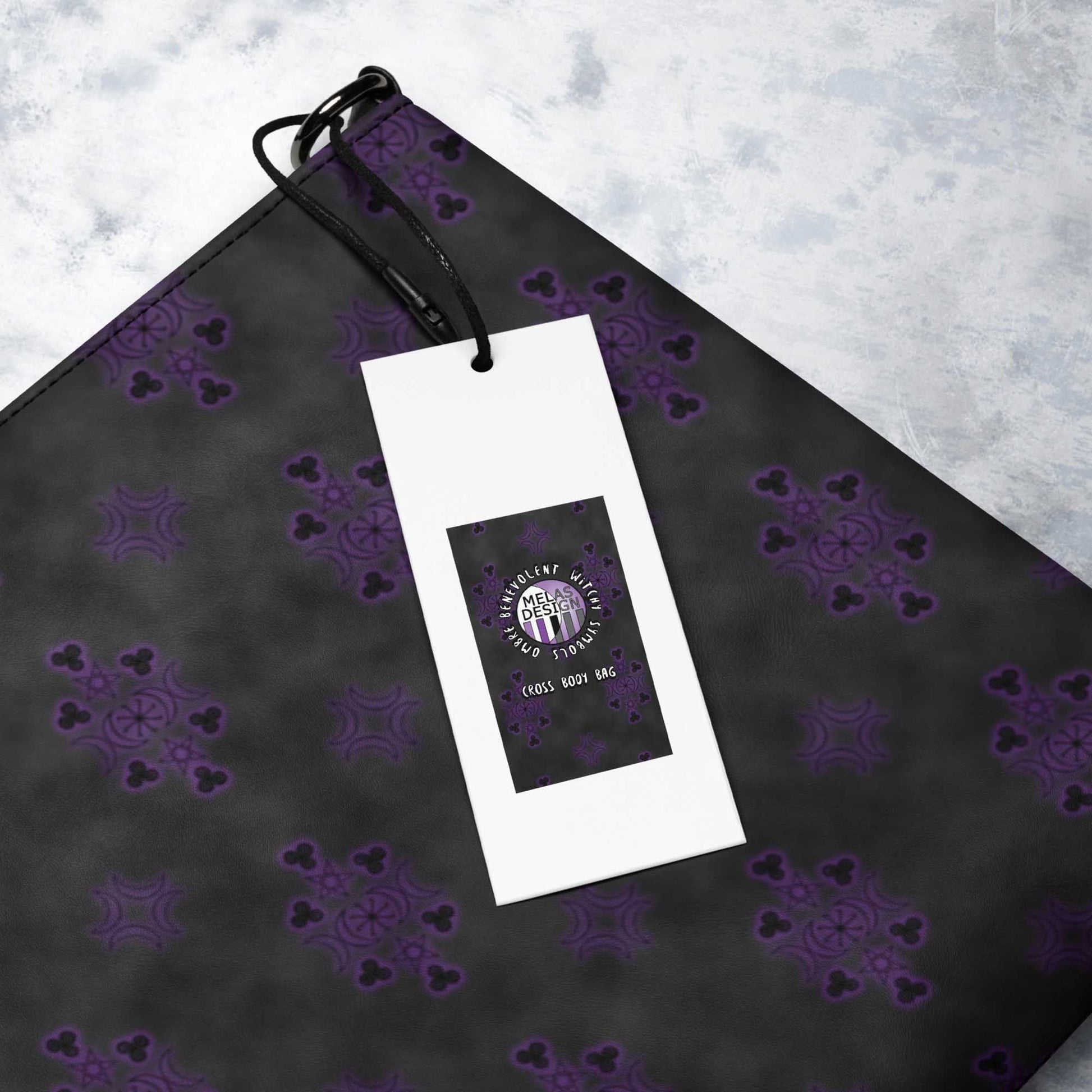 Benevolent Witchy Symbols Cross Body Bag Ombre; Product mockup with label detail