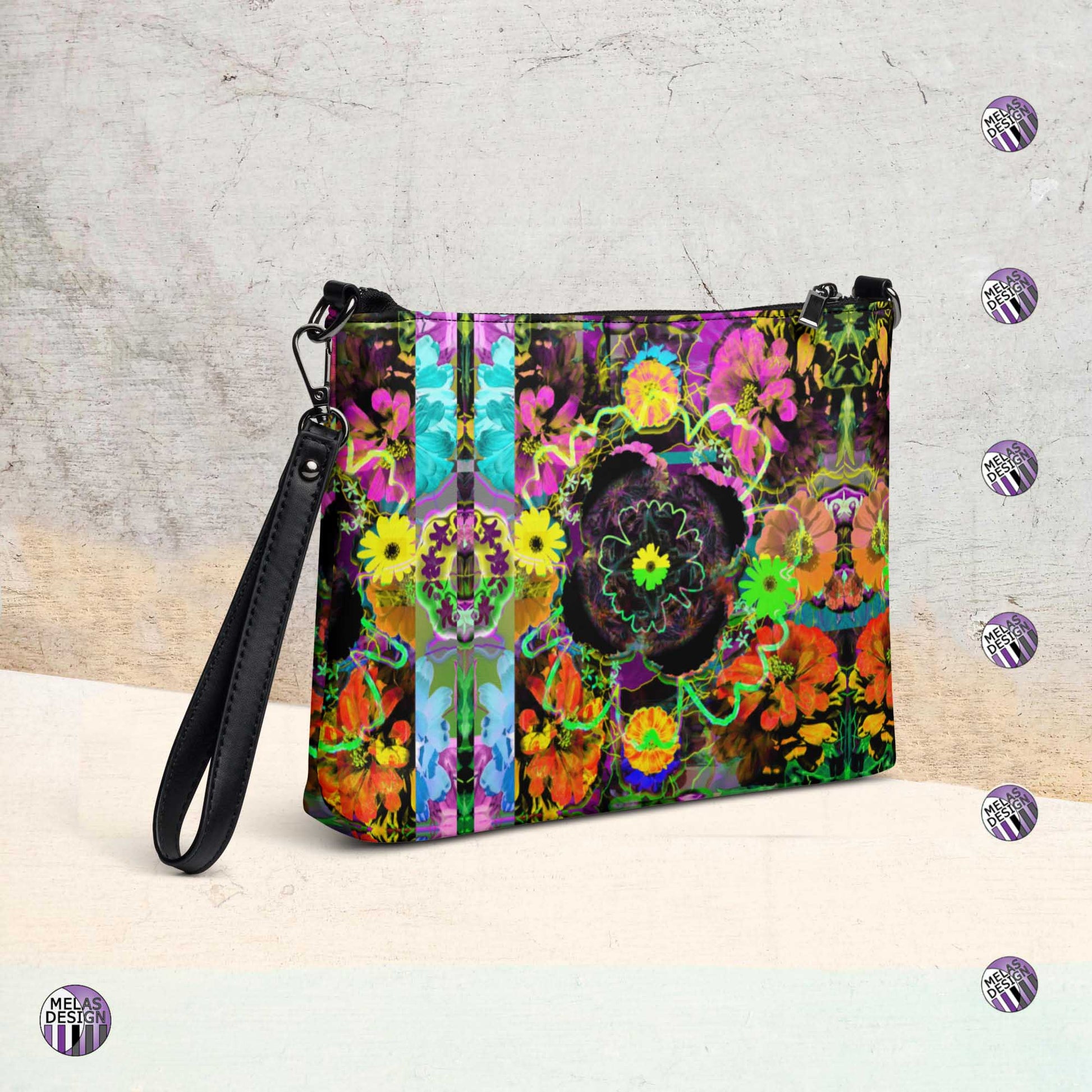 Flower Power; Trippy Zinnia Crossbody Bag; Product mockup right; Melasdesign logos