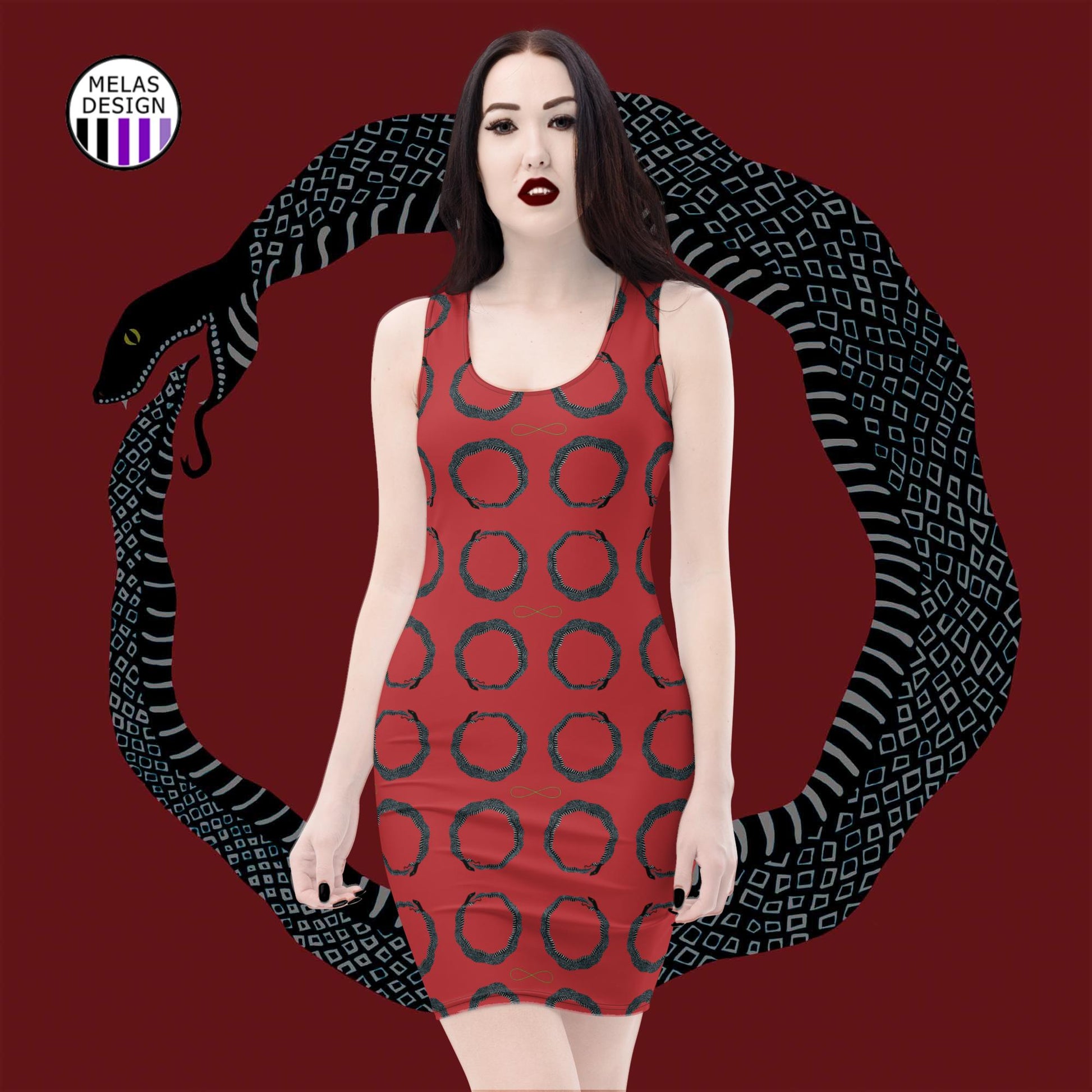 witchy; gothic; clothing; clothes; outfit; occult; ouroboros infinity pattern bodycon dress; dresses; sleeveless; mini-dress; snake biting tail; Melasdesign