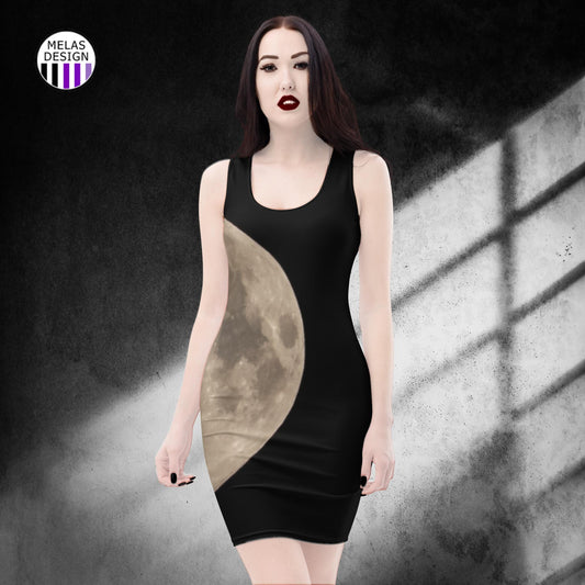 soltstice moon bodycon dress; Melasdesign; full moon; fashion; body-con dress; dress; sleeveless; witchy; witch aesthetic; Halloween; gothic; fashion; style; small business