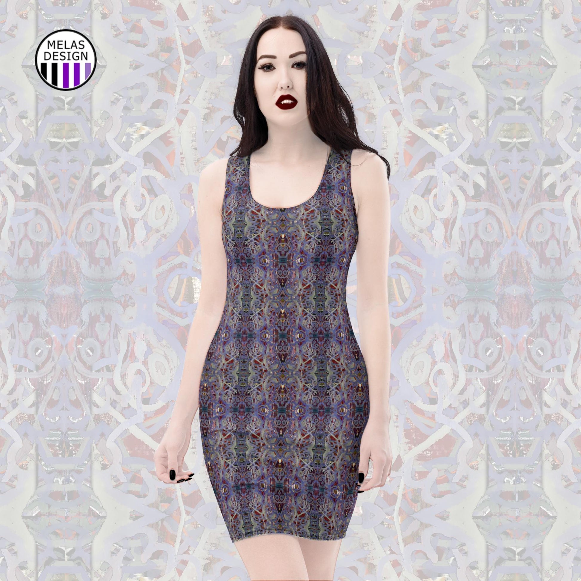 Voodoo Skull Coffin Pattern Body-Con Dress; Melasdesign; alternative; gothic; goth; witchy; voodoo; fashion; dress; bodycon; fitted; sleeveless; skull pattern; Halloween; Day of the Dead; witchy gothic clothing collection