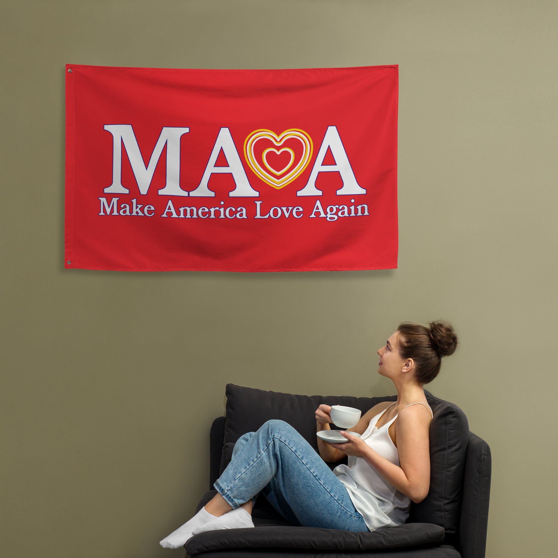 Make America Love Again Flag Seeds of Dissent; Product mockup on wall over smiling woman in chair holding a mug; protest; decor; vive la resistance