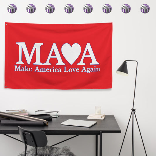 Make America Love Again Flag Seeds of Dissent 2; Product mockup on wall above workspace with Melasdesign logos