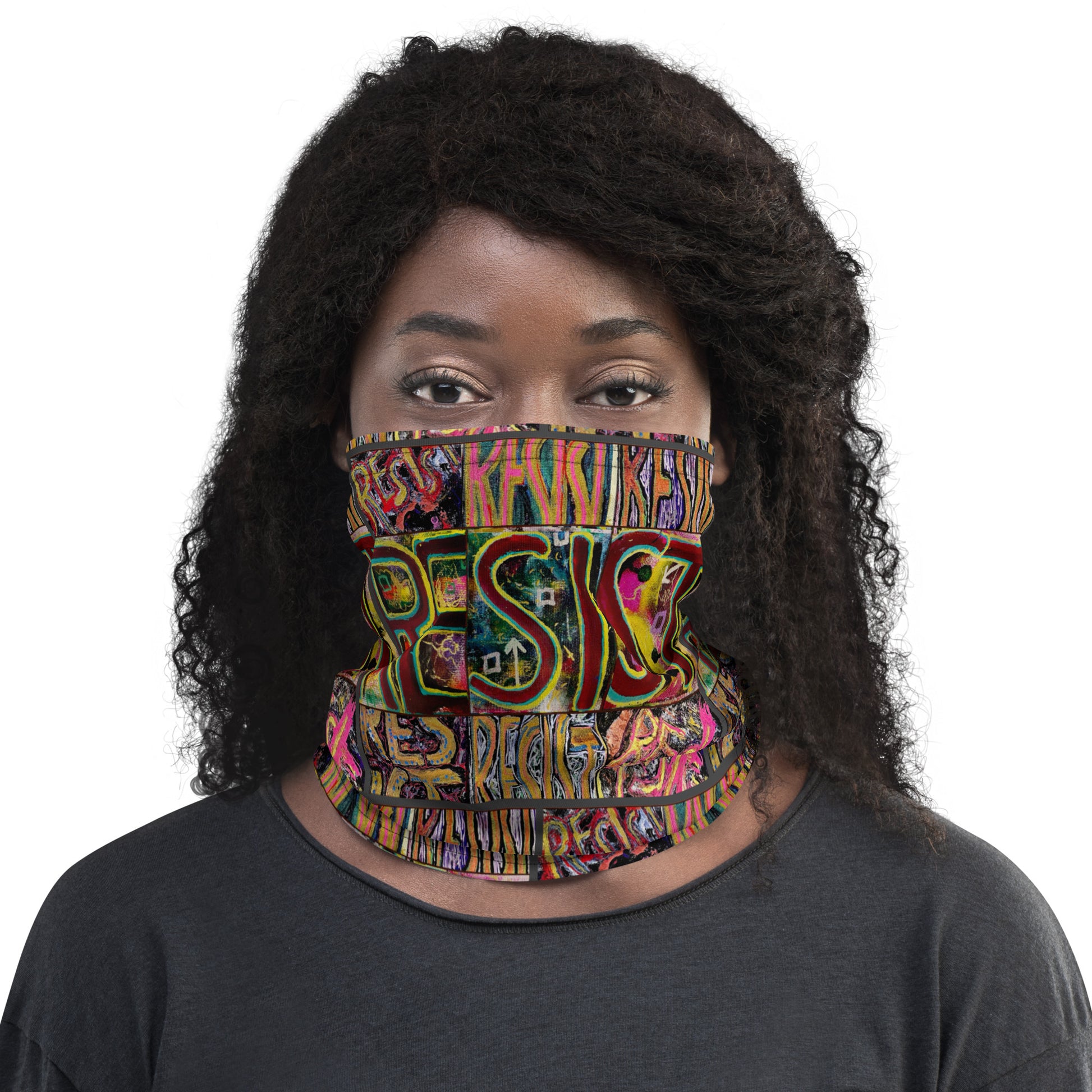 Planting Seeds of Dissent; Resist Neck Gaiter Graffiti; front view on female model