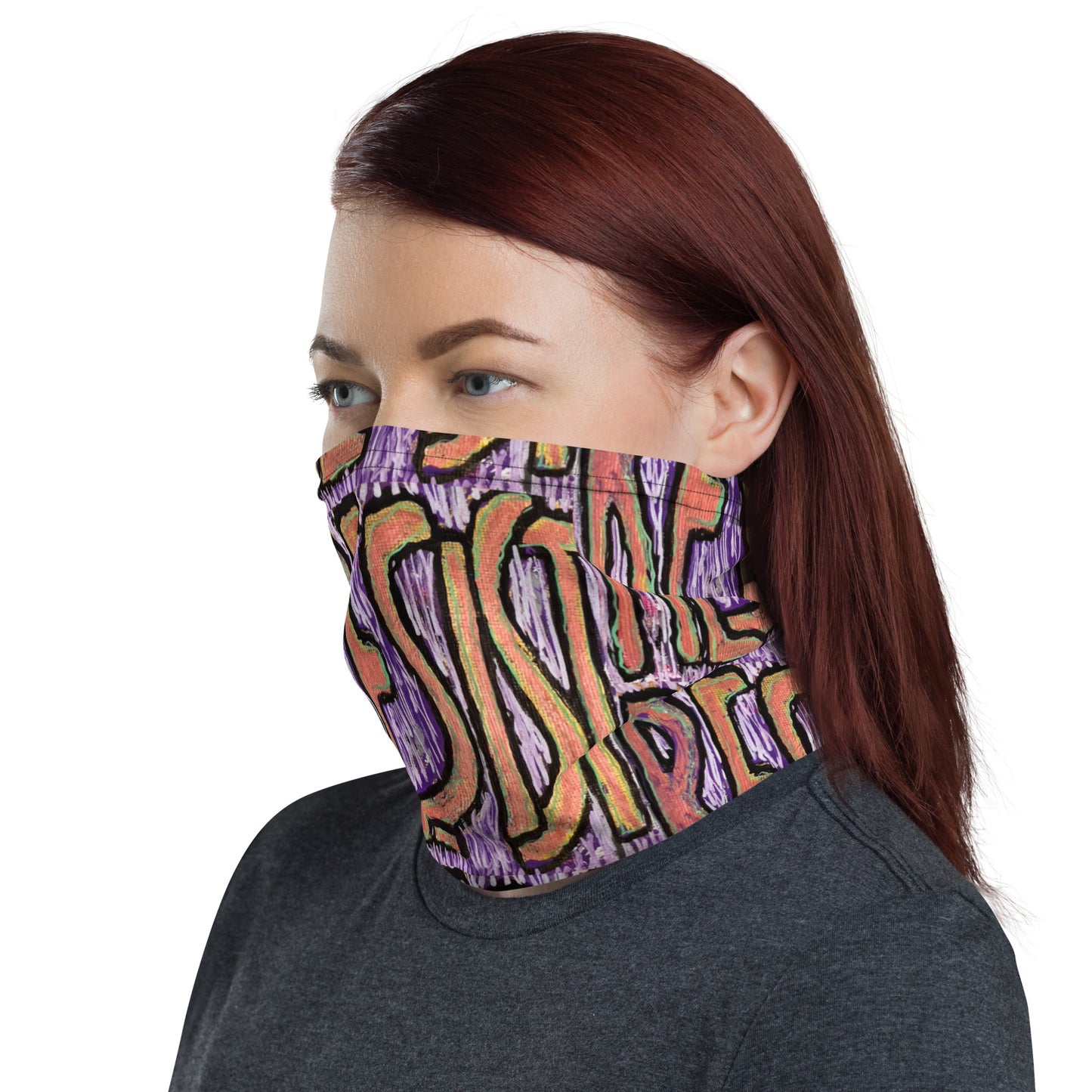 Planting Seeds of Dissent Resist Neck Gaiter Purple; right view on model