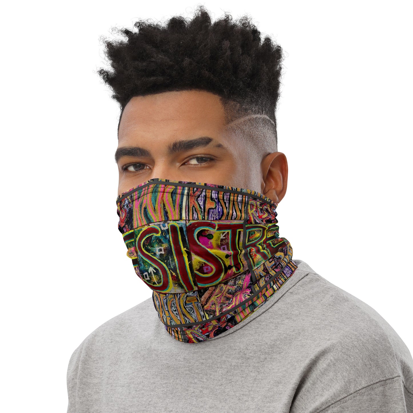 Planting Seeds of Dissent; Resist Neck Gaiter Graffiti; left side view on male model