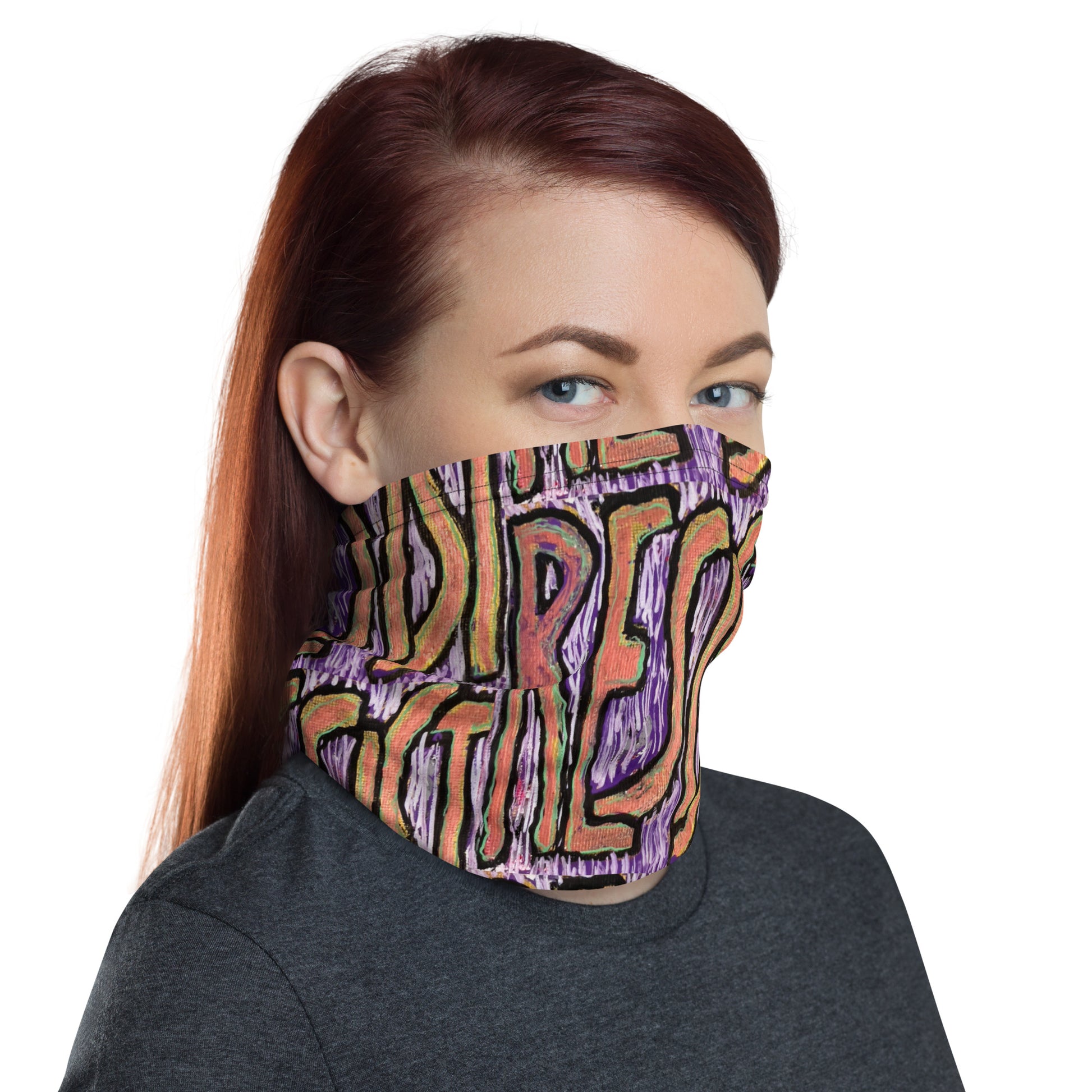 Planting Seeds of Dissent Resist Neck Gaiter Purple; left view on model