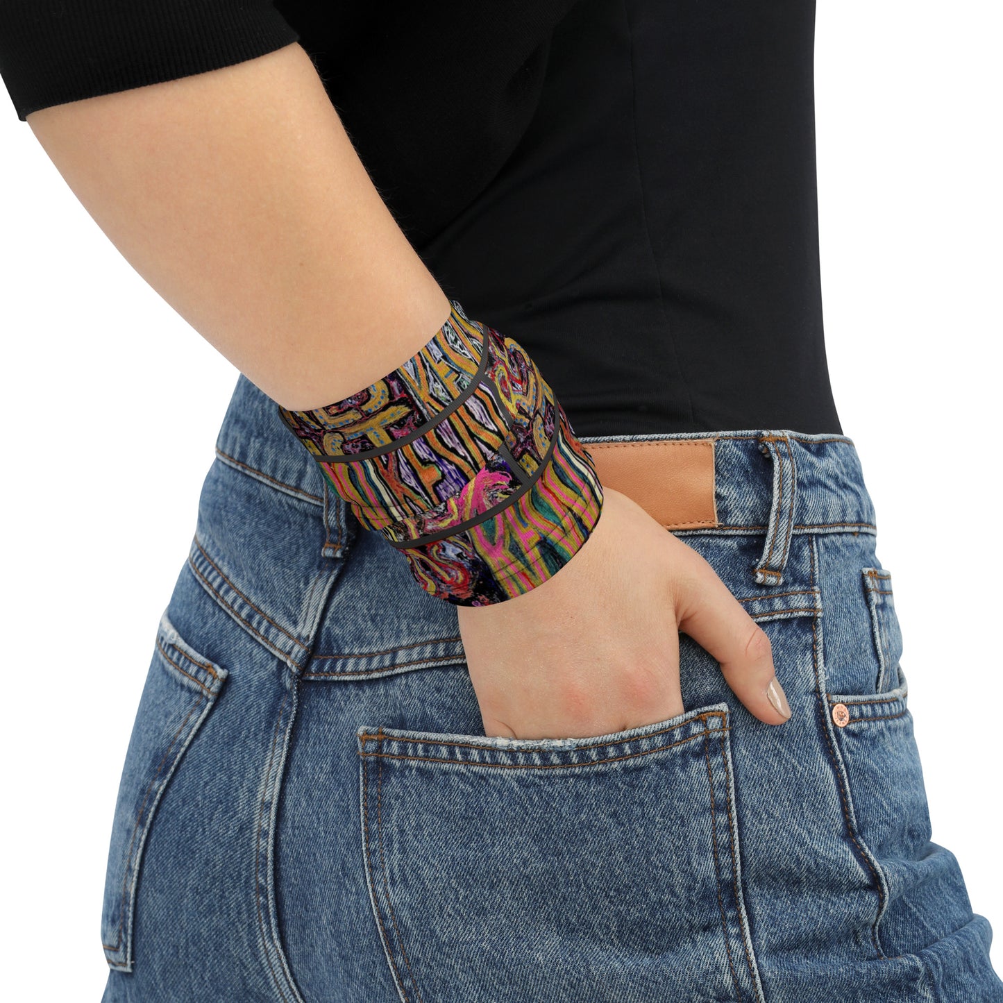 Planting Seeds of Dissent; Resist Neck Gaiter Graffiti; as wristband on female model