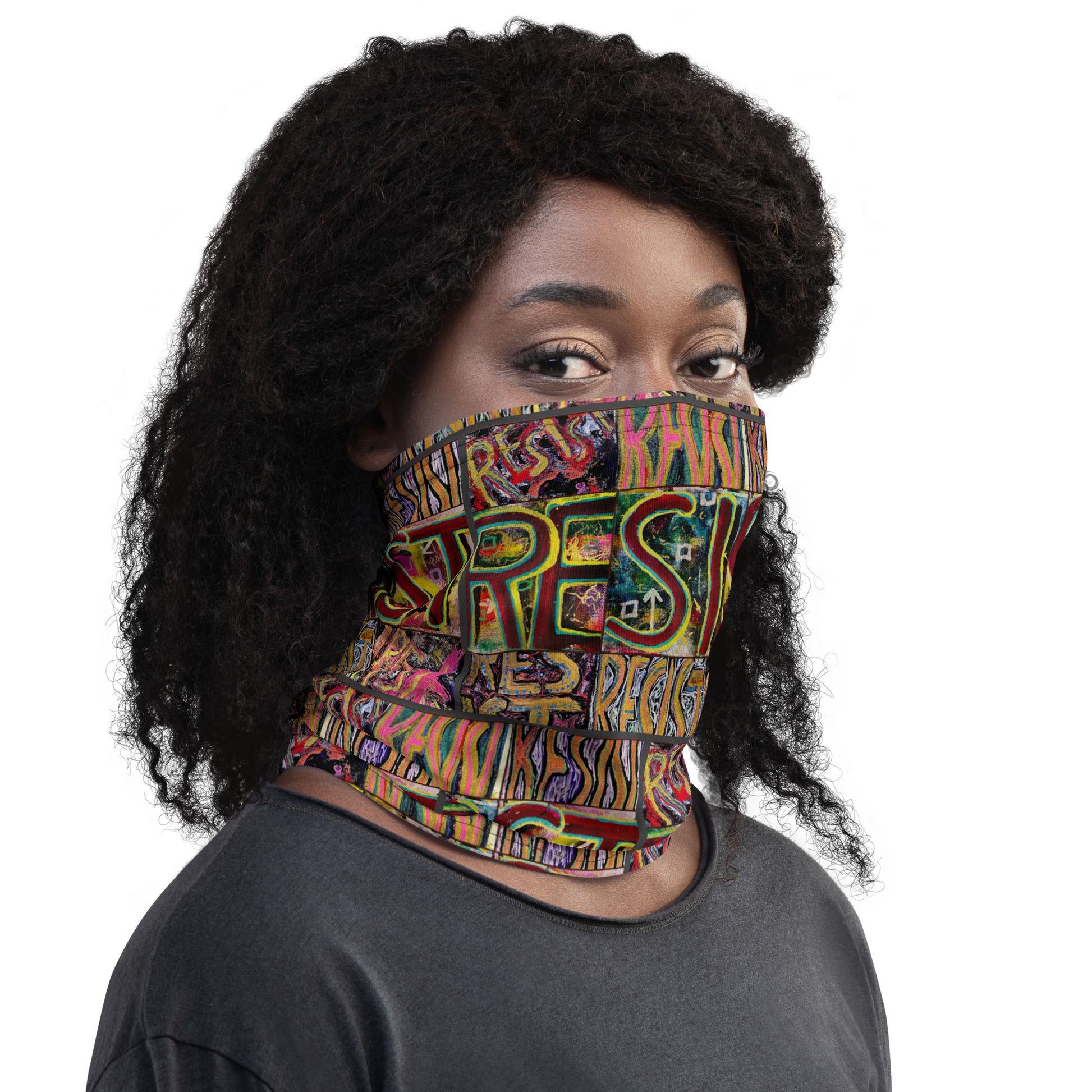 Planting Seeds of Dissent; Resist Neck Gaiter Graffiti; right side view on male model