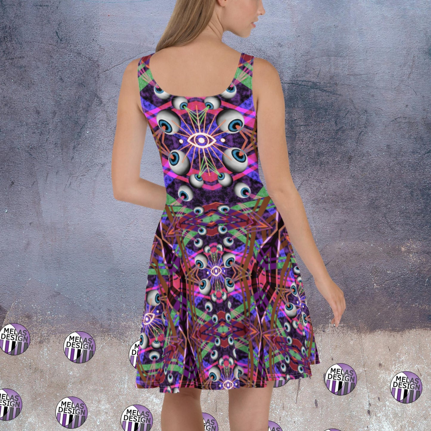 Evil Eyes Pattern Skater Dress; Product mockup on model; back