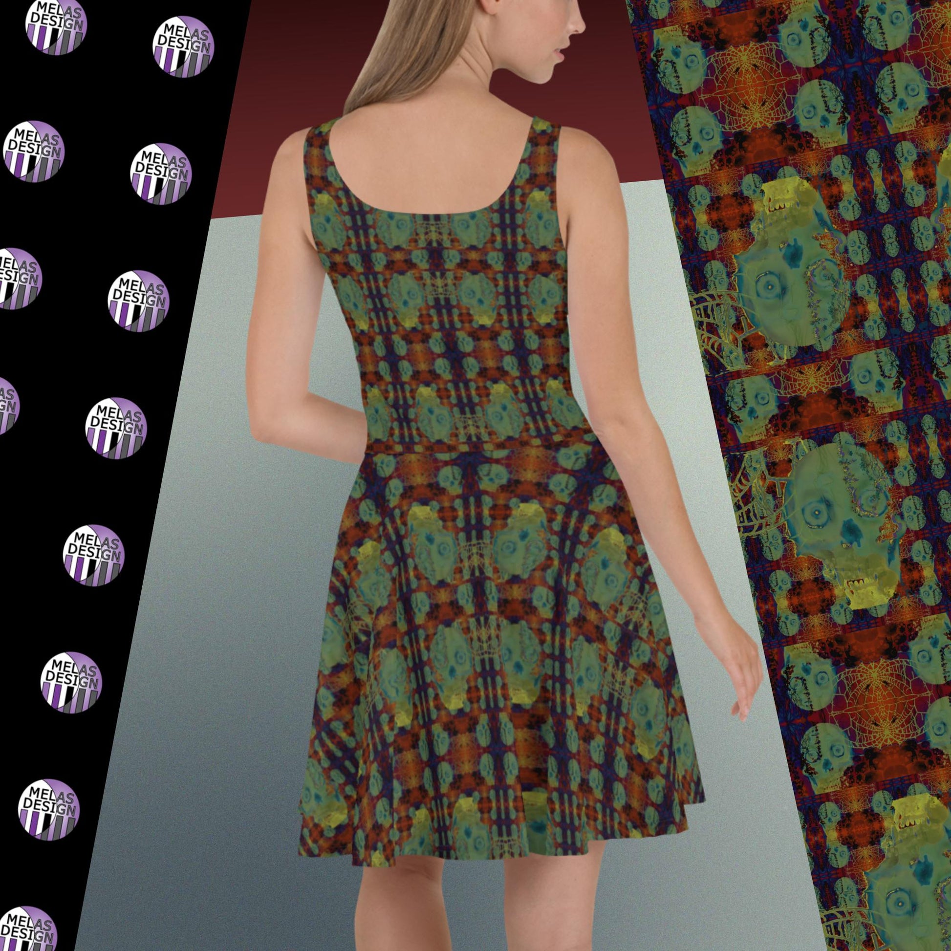 Glowing Skulls Skater Dress; Product mockup on model from back; alternative fashion; Melasdesign