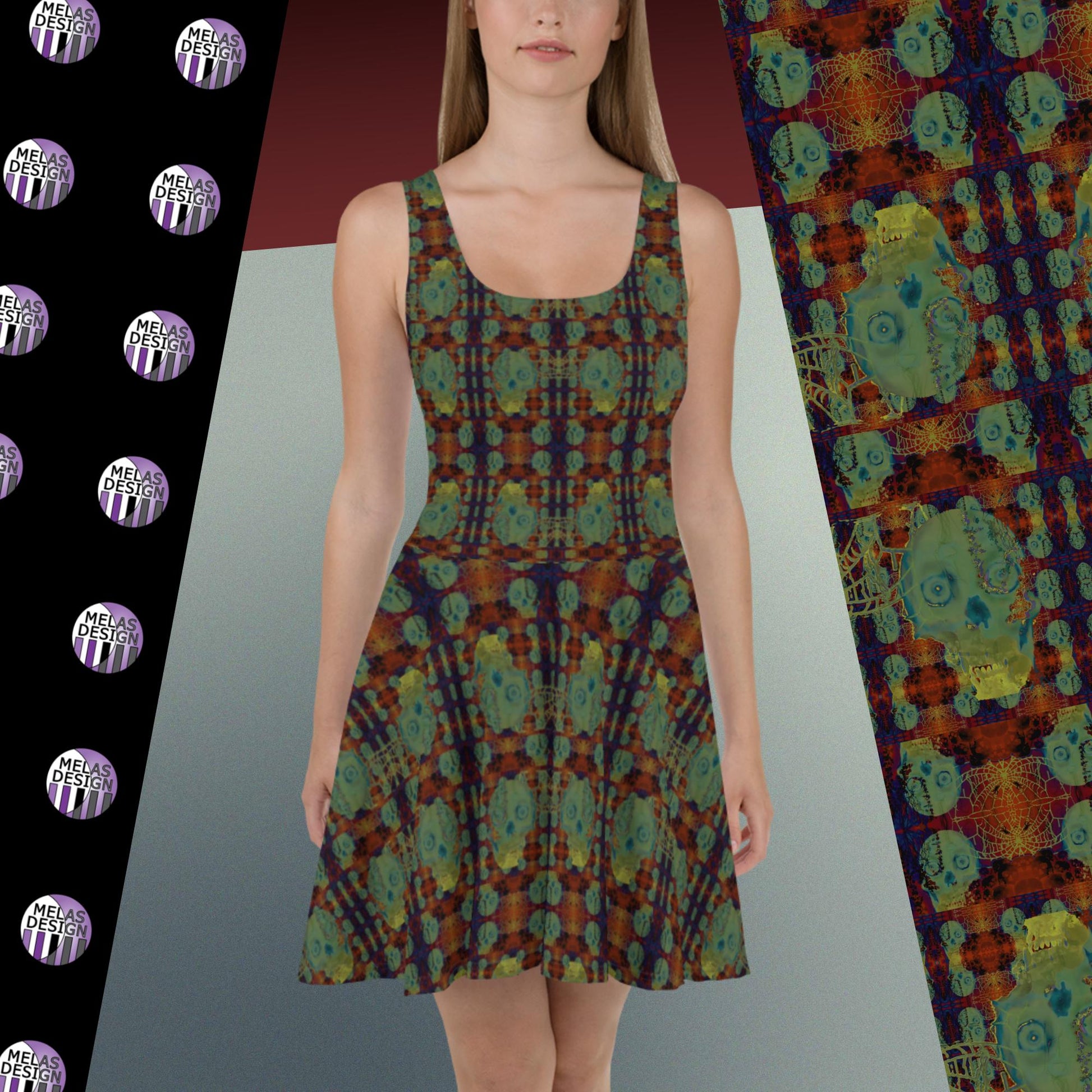 Glowing Skulls Skater Dress; Product mockup on model facing front; alternative fashion; Melasdesign