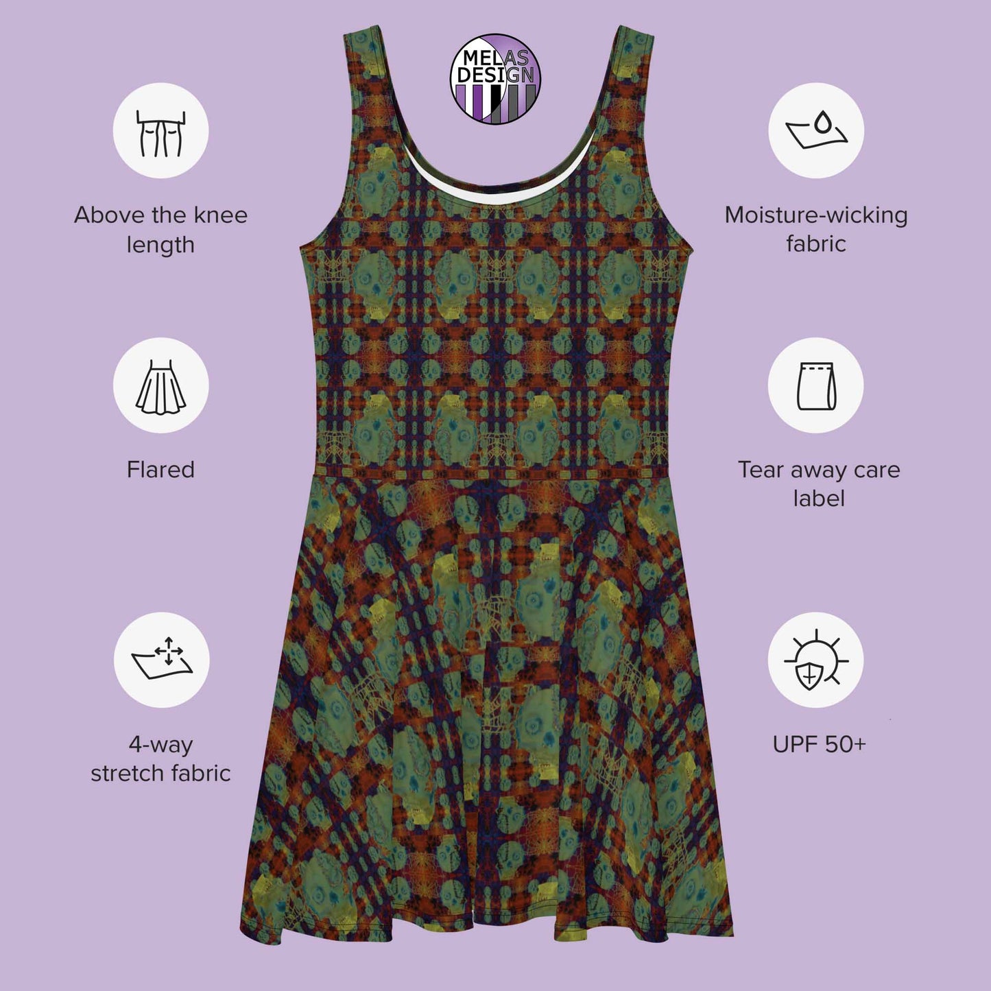 Glowing Skulls Skater Dress; Product mockup and specs with Melasdesign logo; alternative fashion