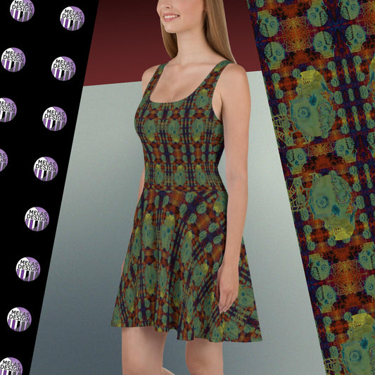 Glowing Skulls Skater Dress; Product mockup on model facing left; alternative fashion; Melasdesign