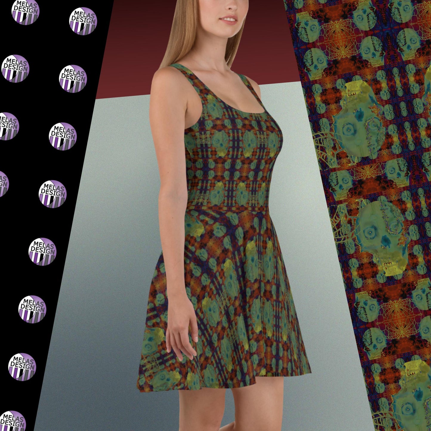 Glowing Skulls Skater Dress; Product mockup on model facing right; alternative fashion; Melasdesign