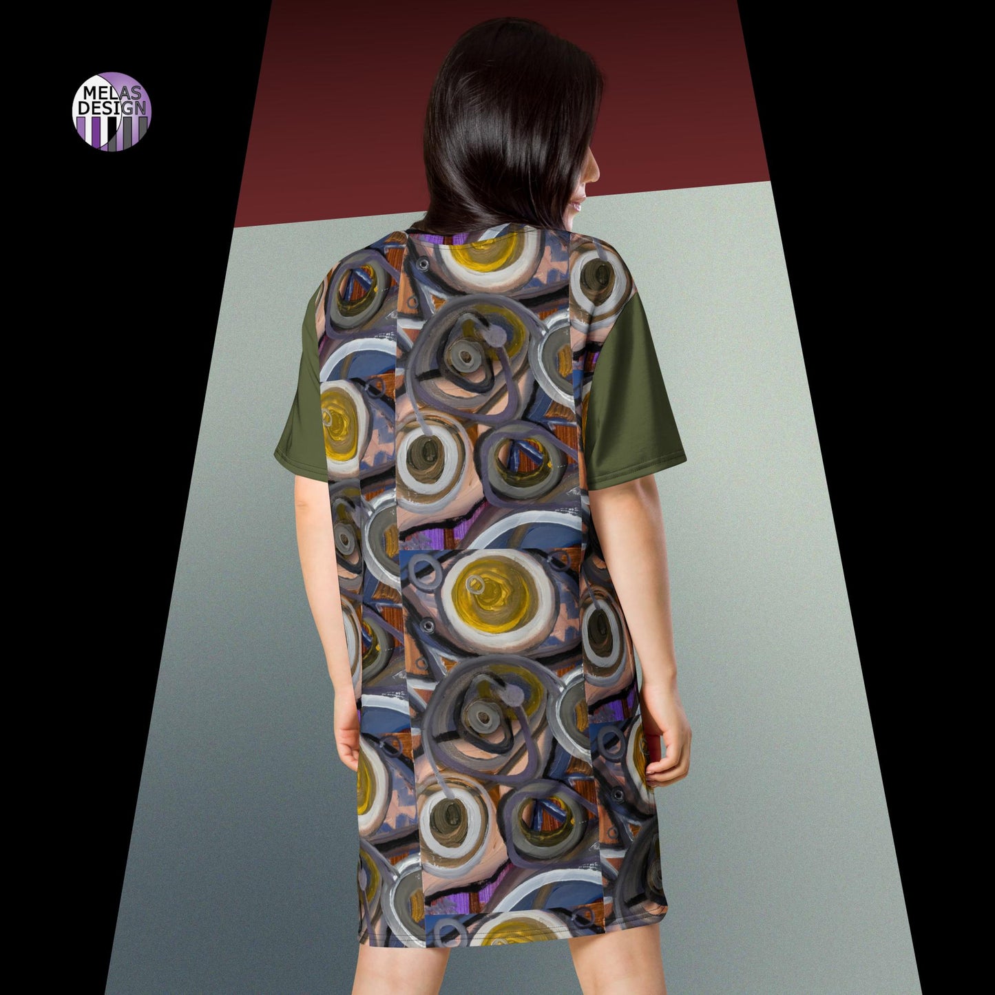 Mela's  Earth Tone T-shirt Dress - Abstract Art in Earth Tones - back