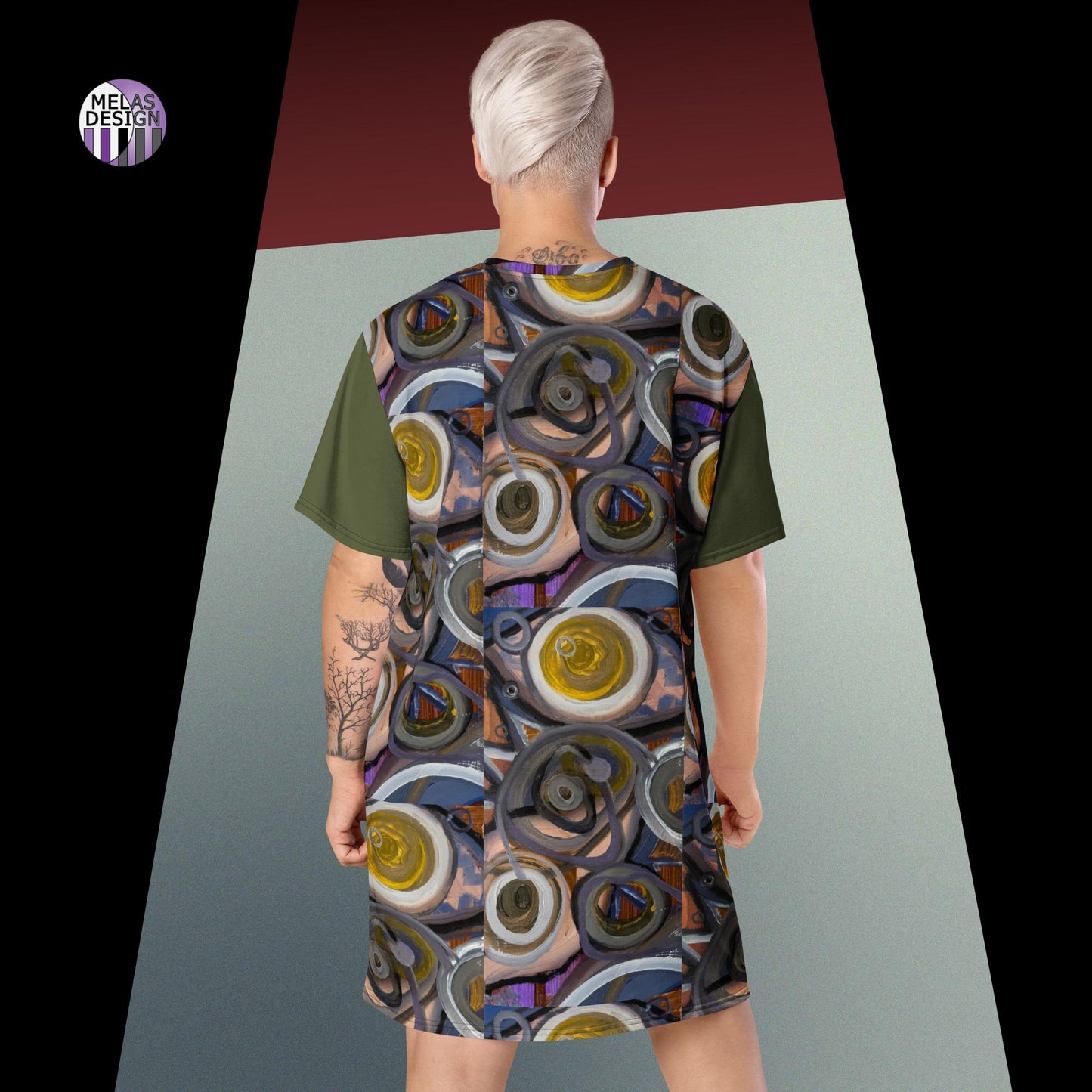 Mela's  Earth Tone T-shirt Dress - Abstract Art in Earth Tones - backside