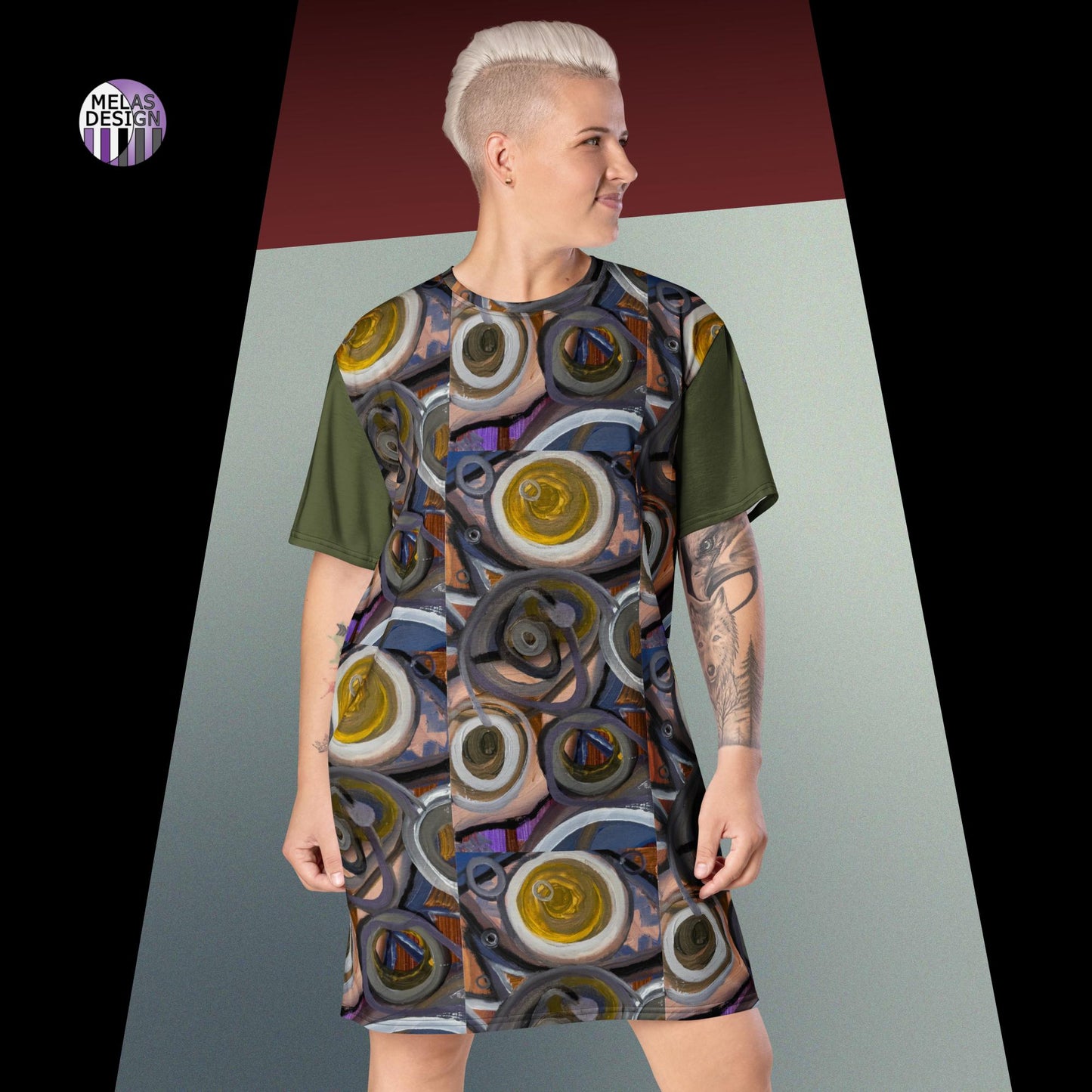 Mela's  Earth Tone T-shirt Dress - Abstract Art in Earth Tones - plus size