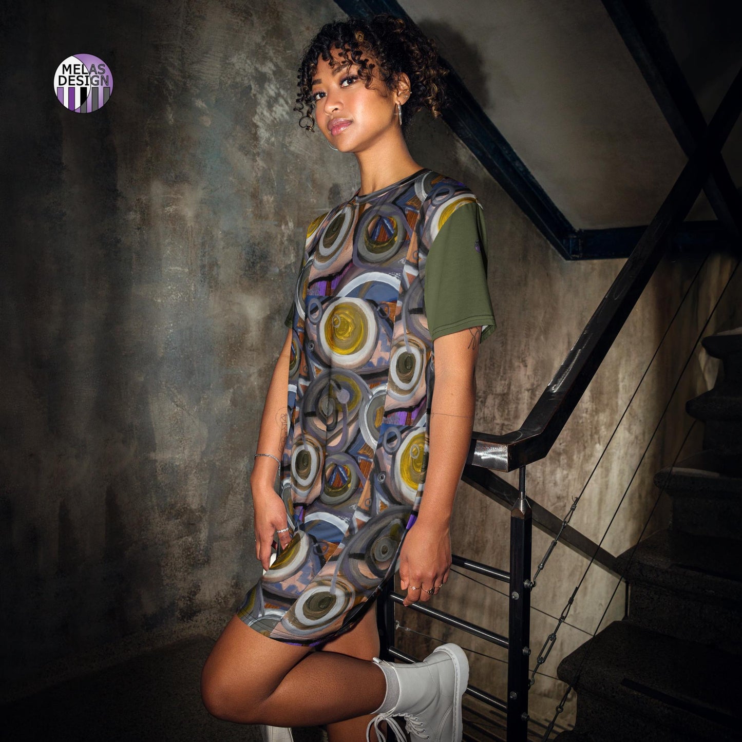 Mela's  Earth Tone T-shirt Dress - Abstract Art in Earth Tones; casual alternative fashion