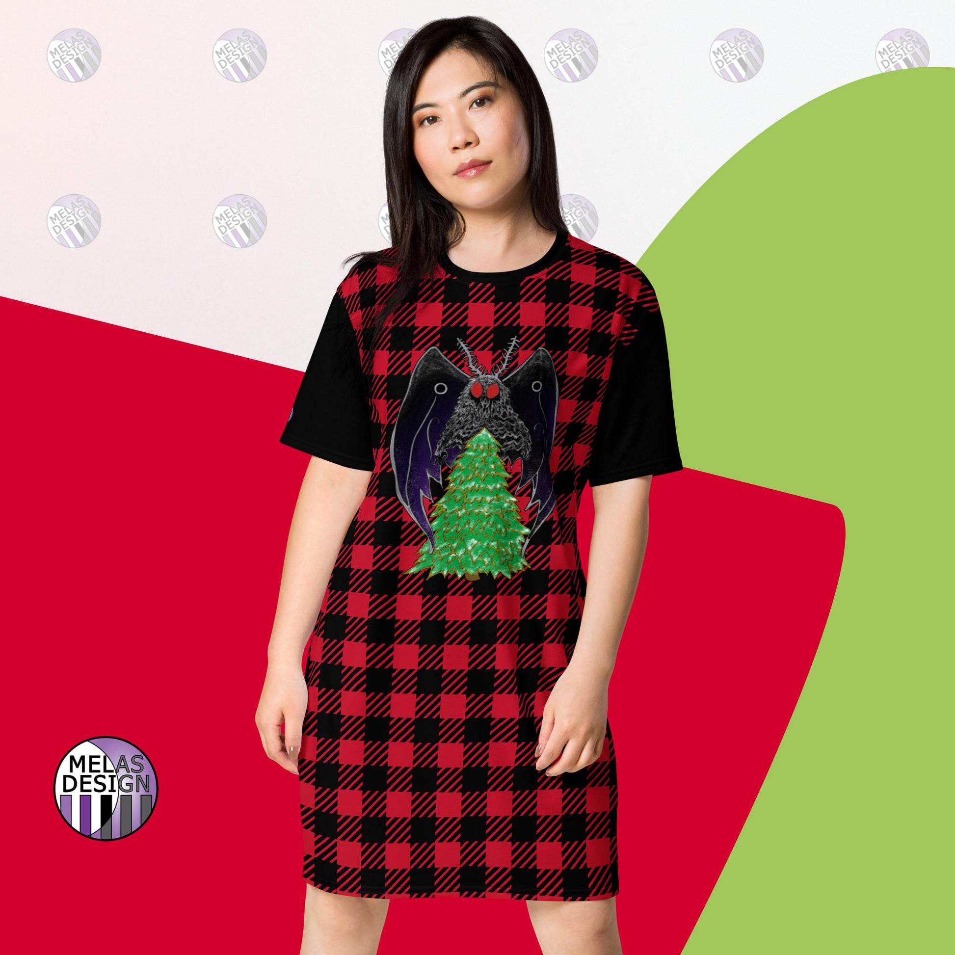 Cryptid; Tree; Mothman Holiday T-shirt Dress; XS-L; front