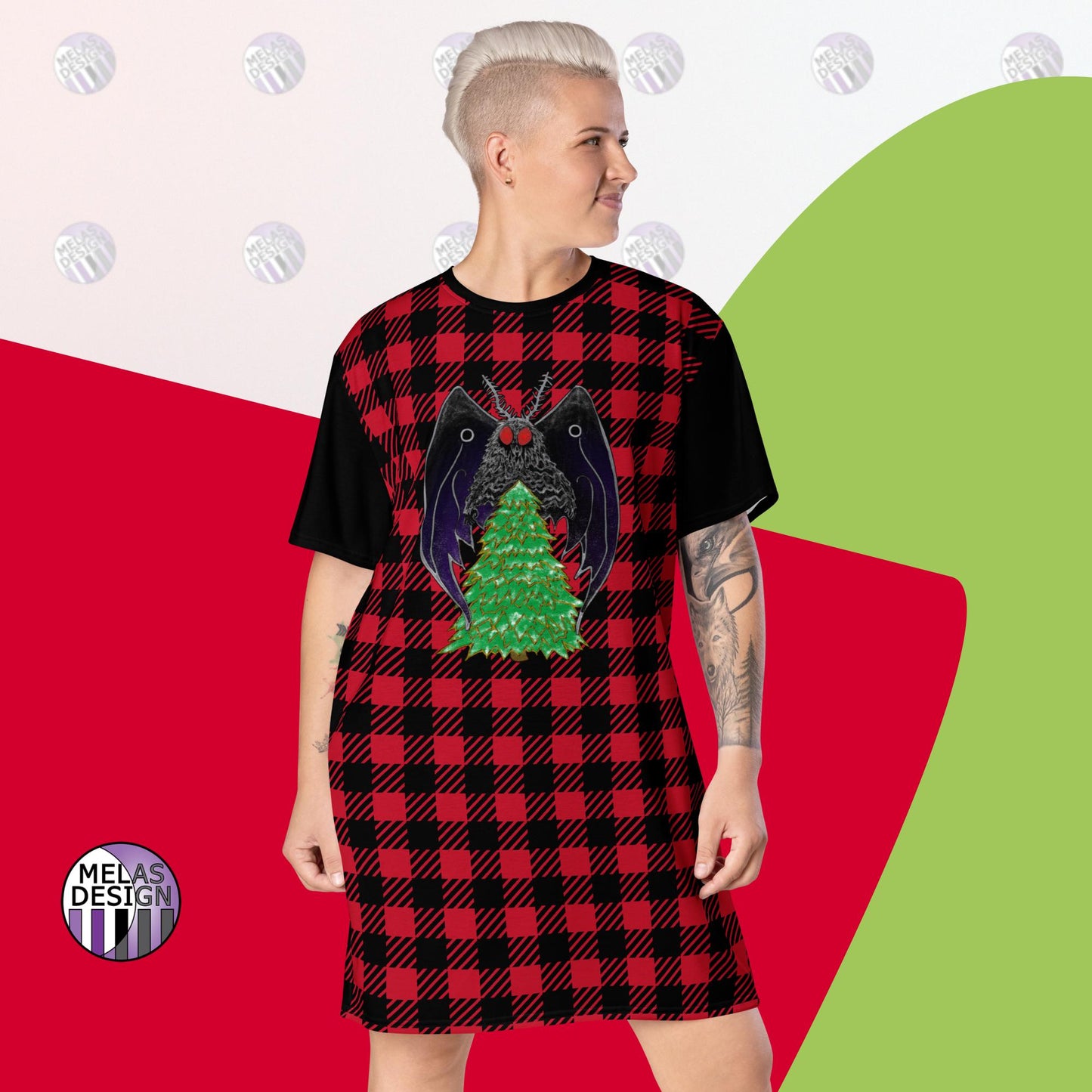 Cryptid Tree Mothman Holiday T-shirt Dress; plus size; XL - 6X; front