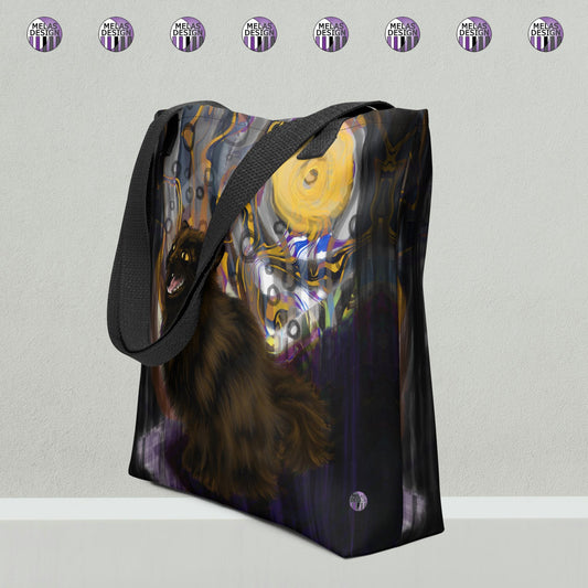 Yowling Cat Moon Tote Bag Autumn; Product mockup side view under Melasdesign logos