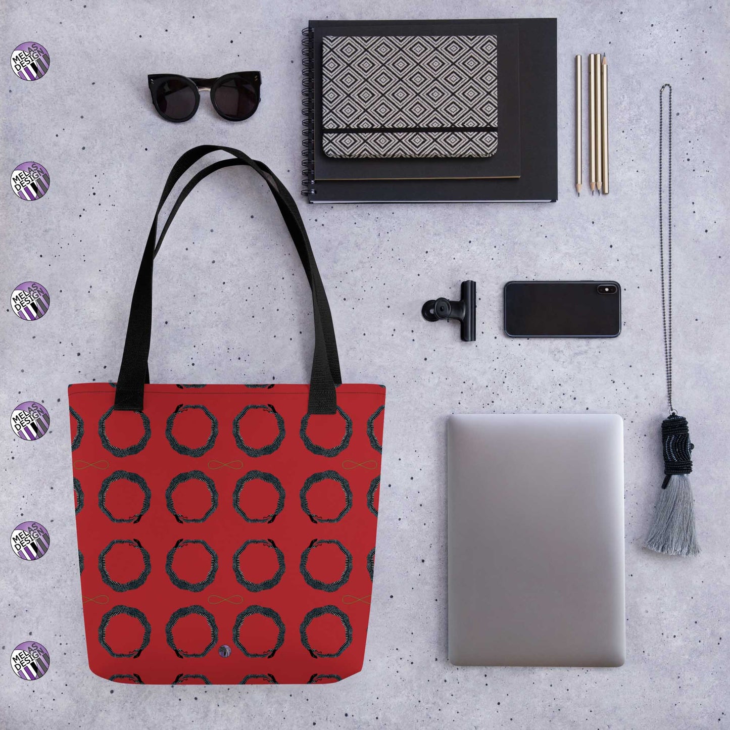 Ouroboros Infinity Pattern Tote Bag Red Black; Mock up with items that will fit in tote; Melasdesign logos