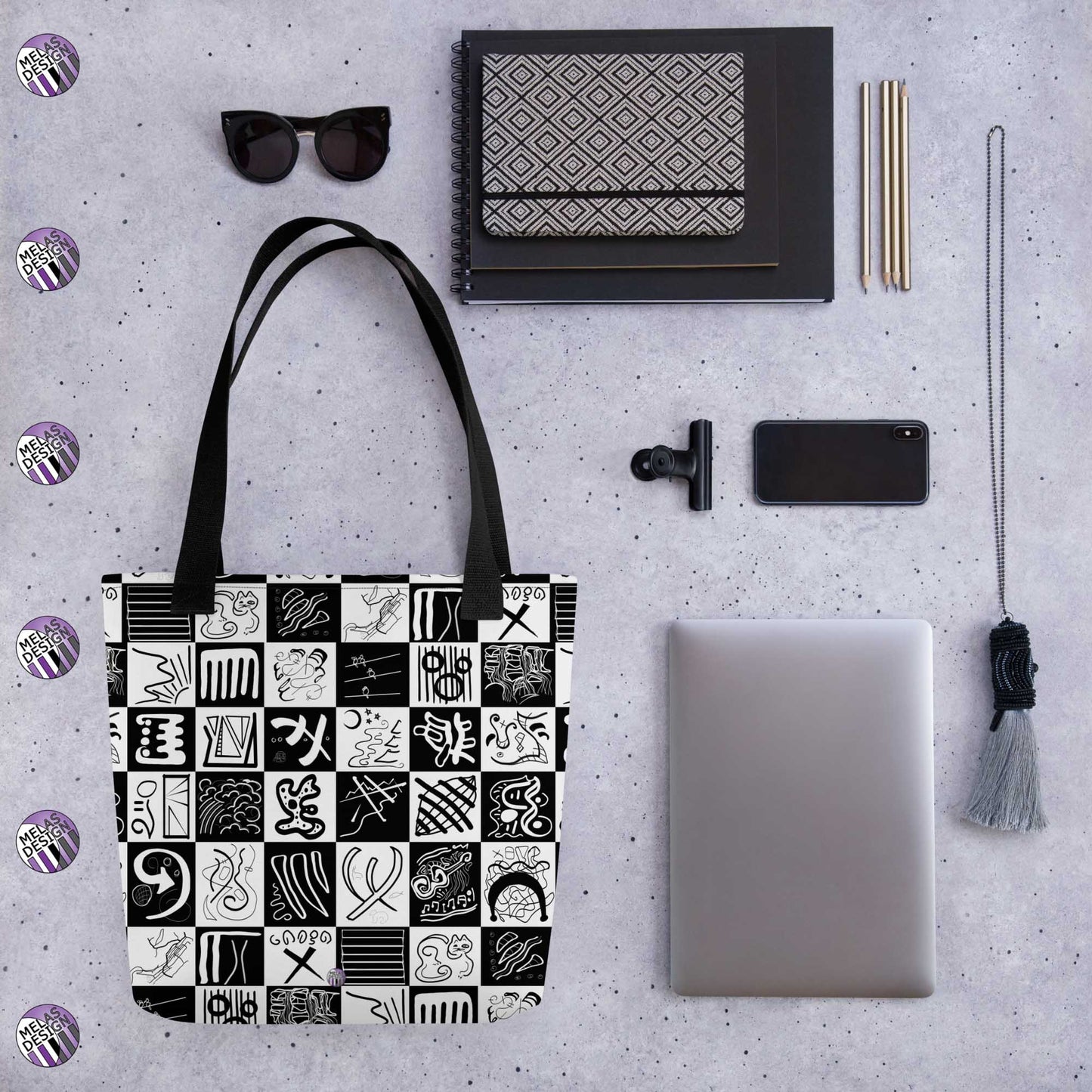 Melakandinsky Checkered Abstract Tote Bag; Mock up with items that will fit in tote; Melasdesign logos