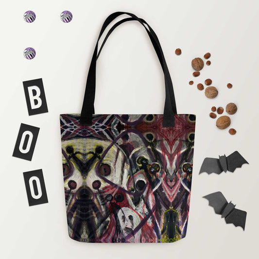 Ghosts Shadow People Tote Bag Paranormal; product mock-up with Halloween decorations and nuts