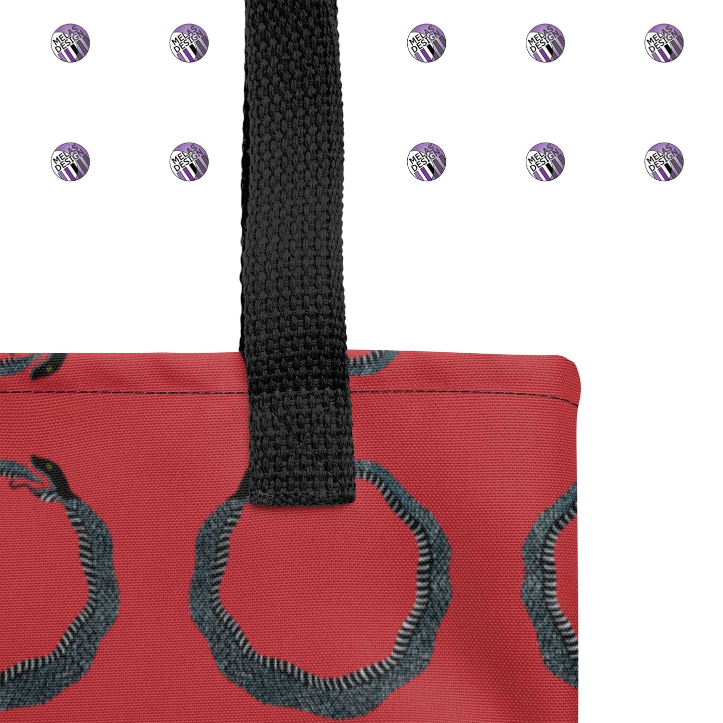 Ouroboros Infinity Pattern Tote Bag Red Black; handle connection detail