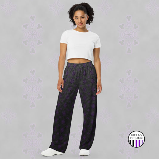 witchy ombre wide leg pants; Melasdesign; pagan; witch aesthetic; witchy; fashion; pants; pagan symbols; pentagram; crescent moon; wheel of the moon; ombre; purple black; comfy
