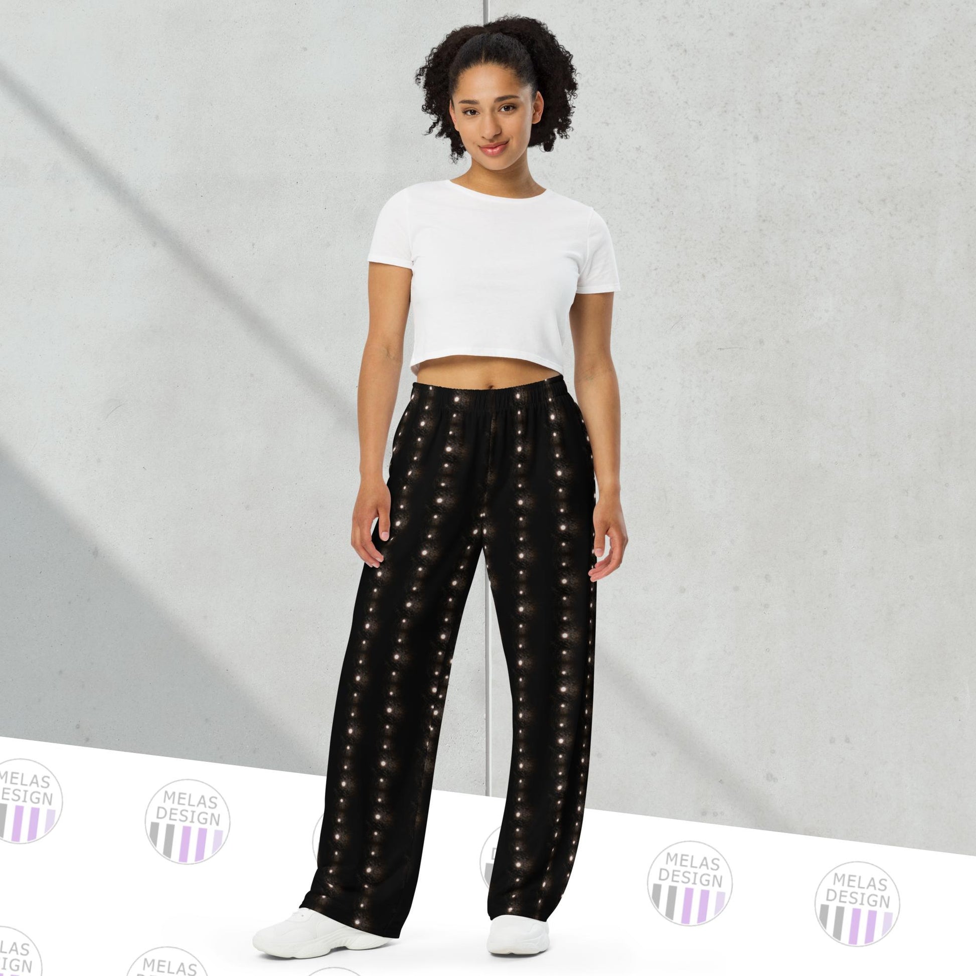 Full Moon in Dotted Stripes All-over Print Wide-Leg Pants; comfortable; witchy; witch aesthetic; pagan; full moon; black and white; Melasdesign; pants; dotted; dots; witch aesthetic; small business