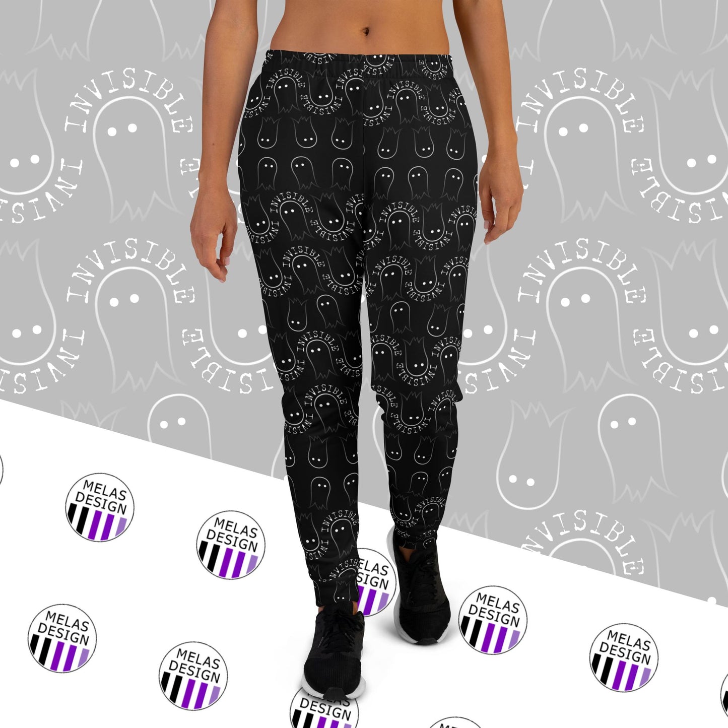 invisible ghost emoji pattern womens joggers; Melasdesign; fashion; cute; paranormal; black and white; gothic; witchy; Halloween; ghosts; pants; ghost hunter; shy; style; fashion