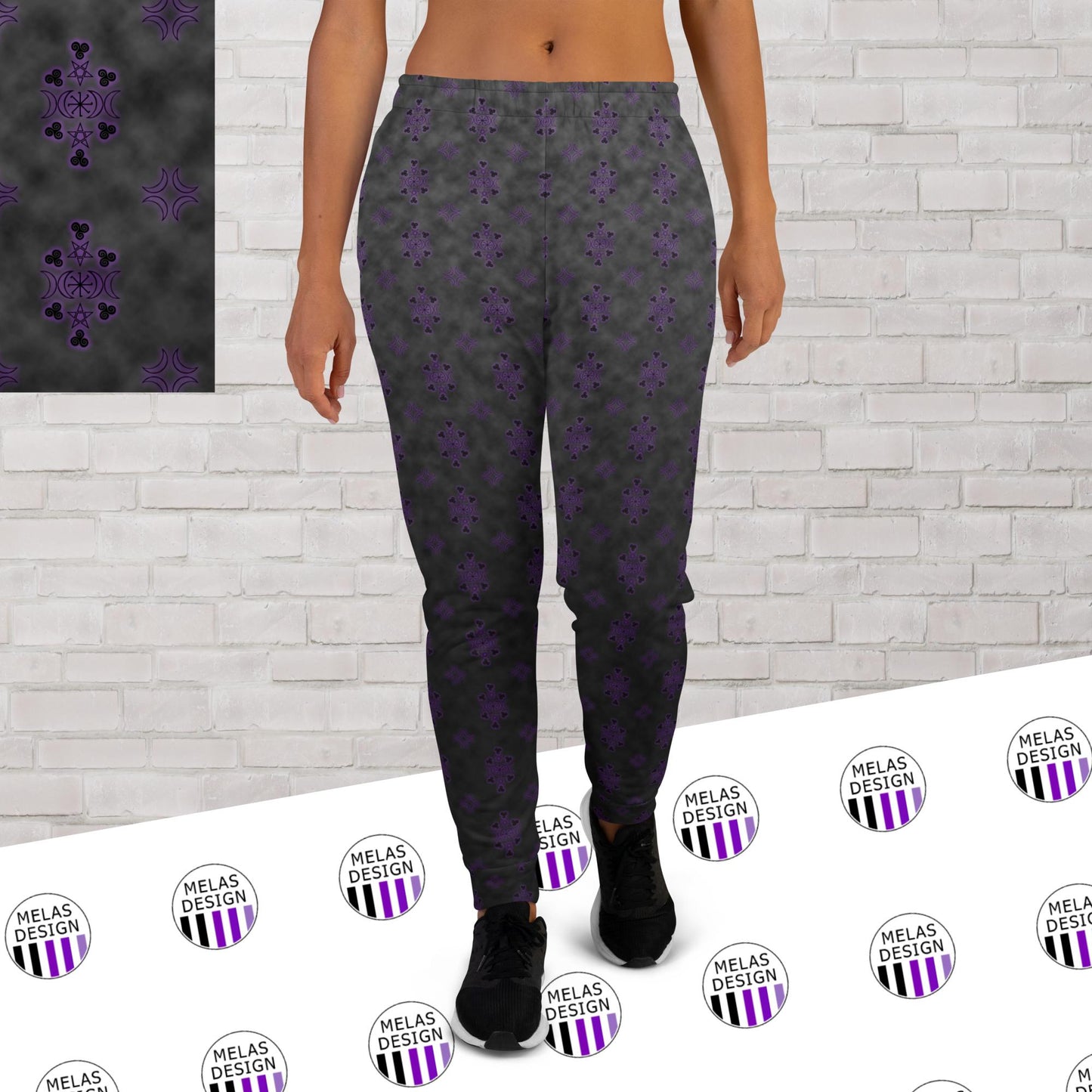 Witchy Ombre Cloudy Women's Joggers; Melasdesign; alternative; pagan; witchy; witch aesthetic; gothic; fashion; style; joggers; small business; pagan symbols; pentagram; crescent moons; wheel of the moon; witch knots