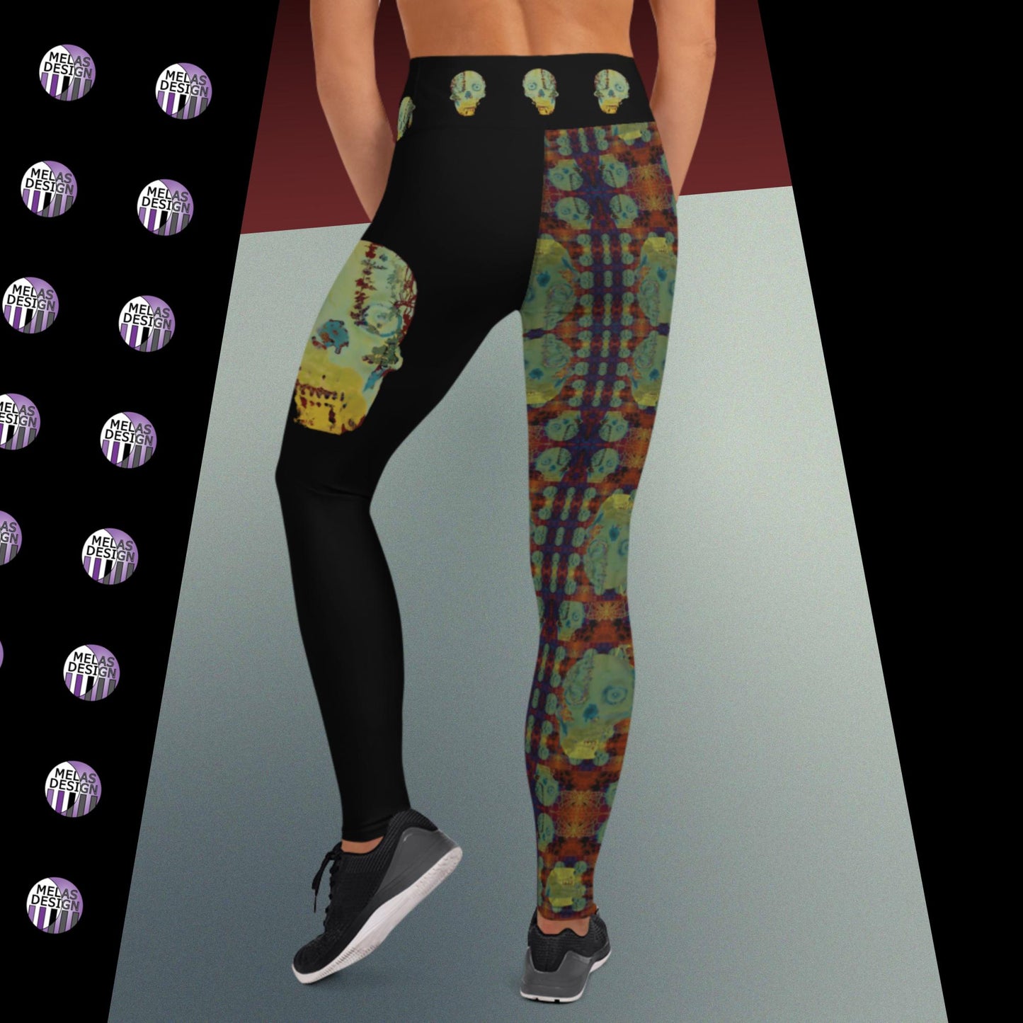 Vampire Skulls Yoga Leggings Gothic Punk; Product mockup on female model facing back; Melasdesign logos