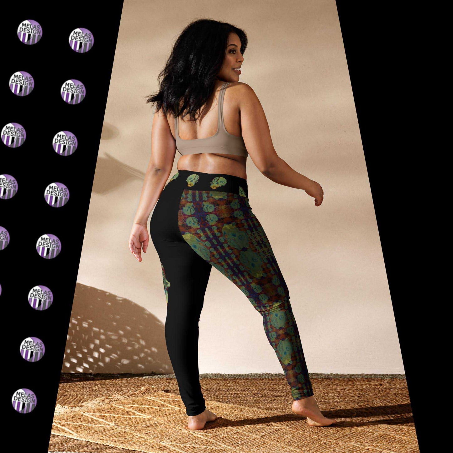 Vampire Skulls Yoga Leggings Gothic Punk; back view Product mockup on female model; Melasdesign logos