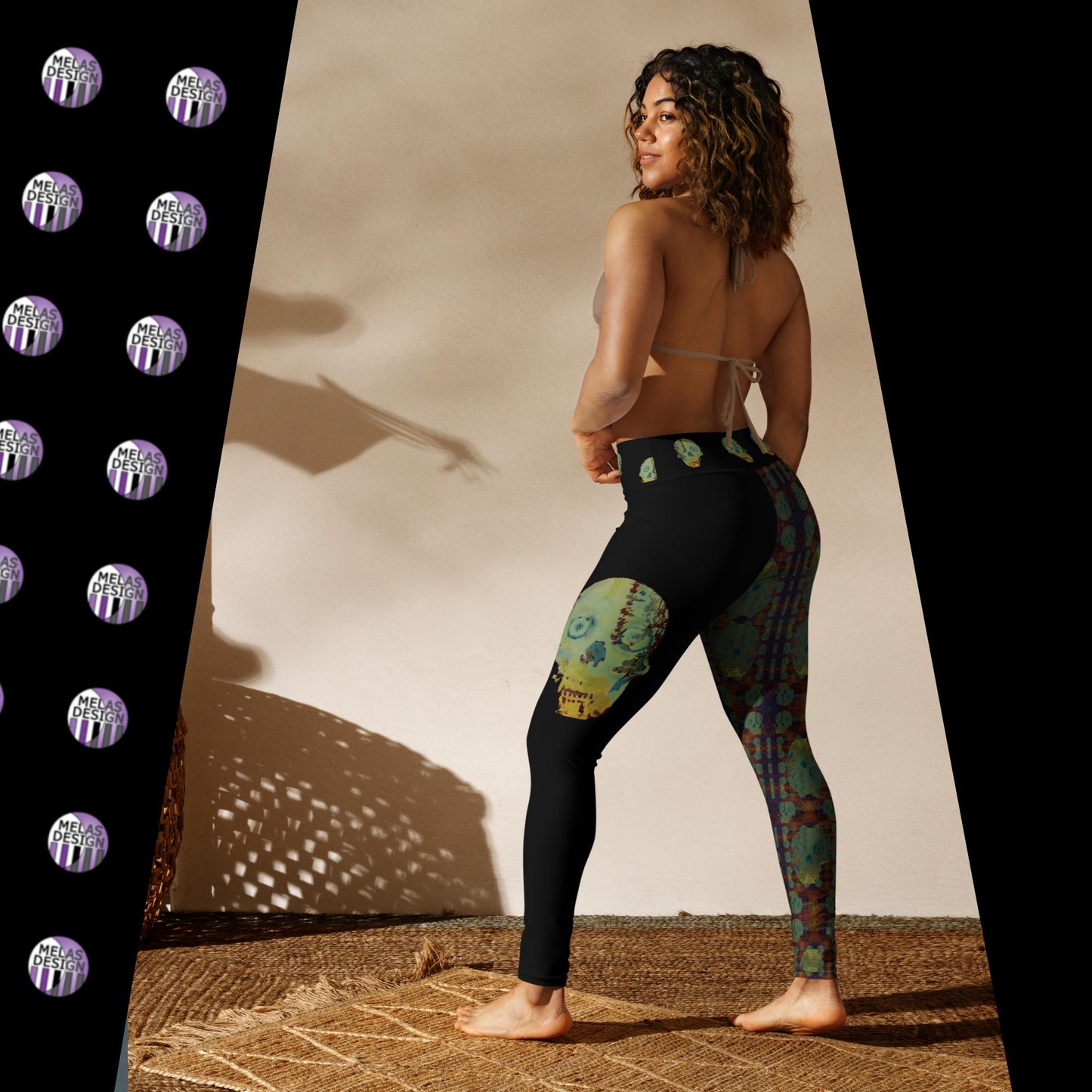 Vampire Skulls Yoga Leggings Gothic Punk; side view Product mockup on female model; Melasdesign logos