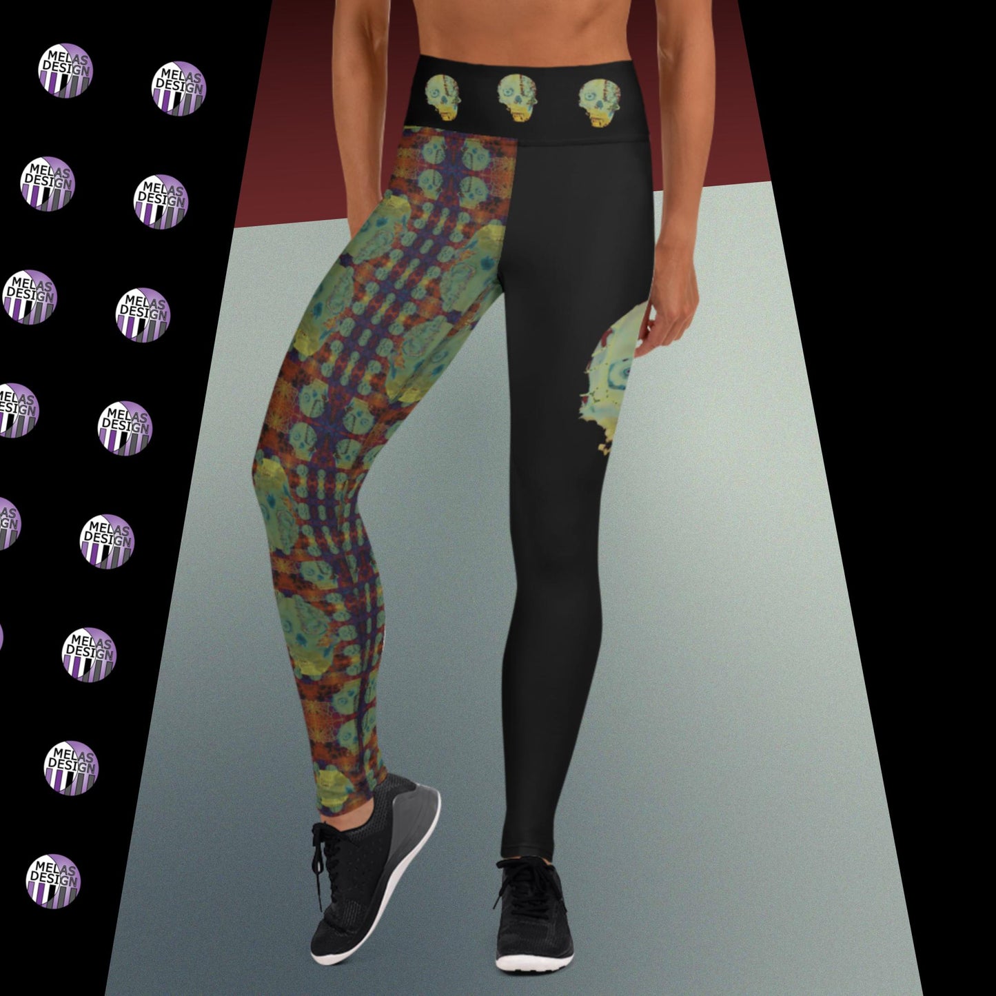 Vampire Skulls Yoga Leggings Gothic Punk; Product mockup on female model facing front; Melasdesign logos