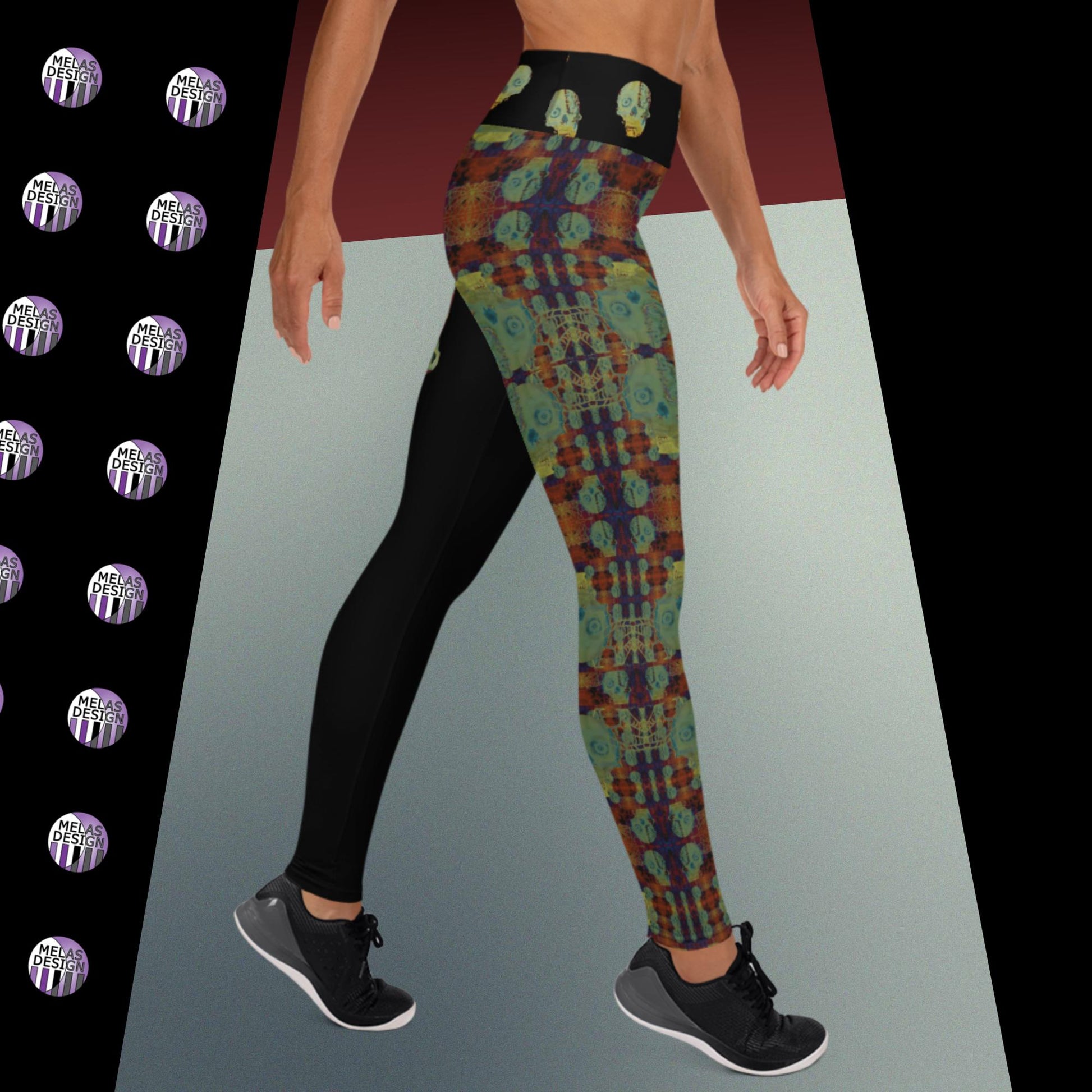 Vampire Skulls Yoga Leggings Gothic Punk; Product mockup on female model facing right; Melasdesign logos