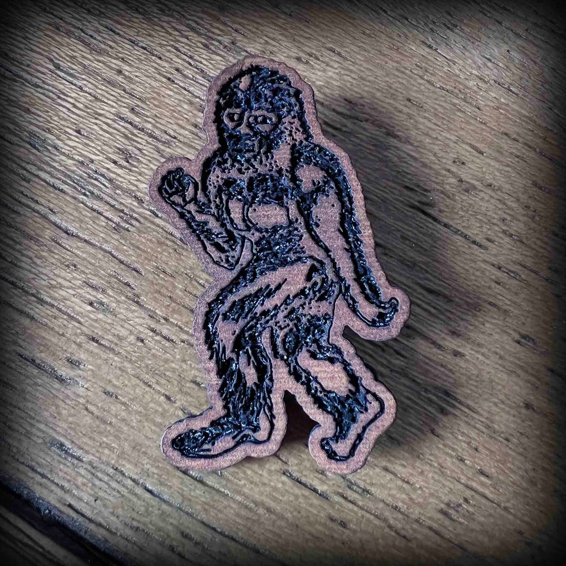 Bigfoot Sasquatch Cryptid Pin in Brown Leatherette; pin; bigfoot; sasquatch; yeti; apeman; skunkape; cryptid; gift idea; accessory