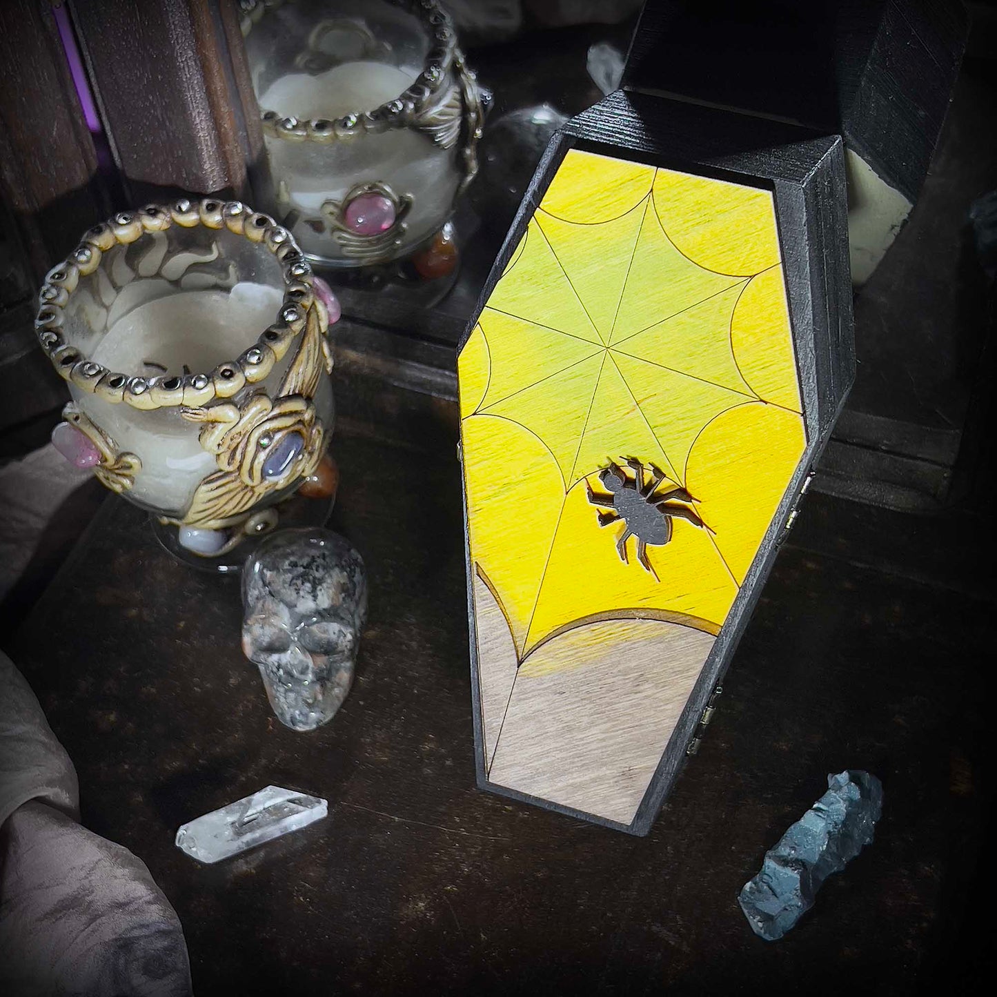 Gothic Spiderweb Spider Coffin Boxes Hinged; coffin box; treat box; trinket box; gothic; spooky; Halloween; wood; Melasdesign Handmade; green black; gift idea