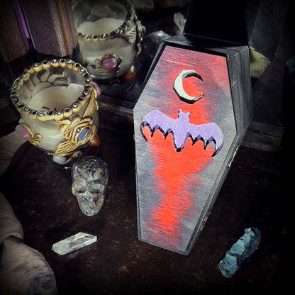 Spooky Gothic Bat Crescent Moon Coffin Boxes Hinged